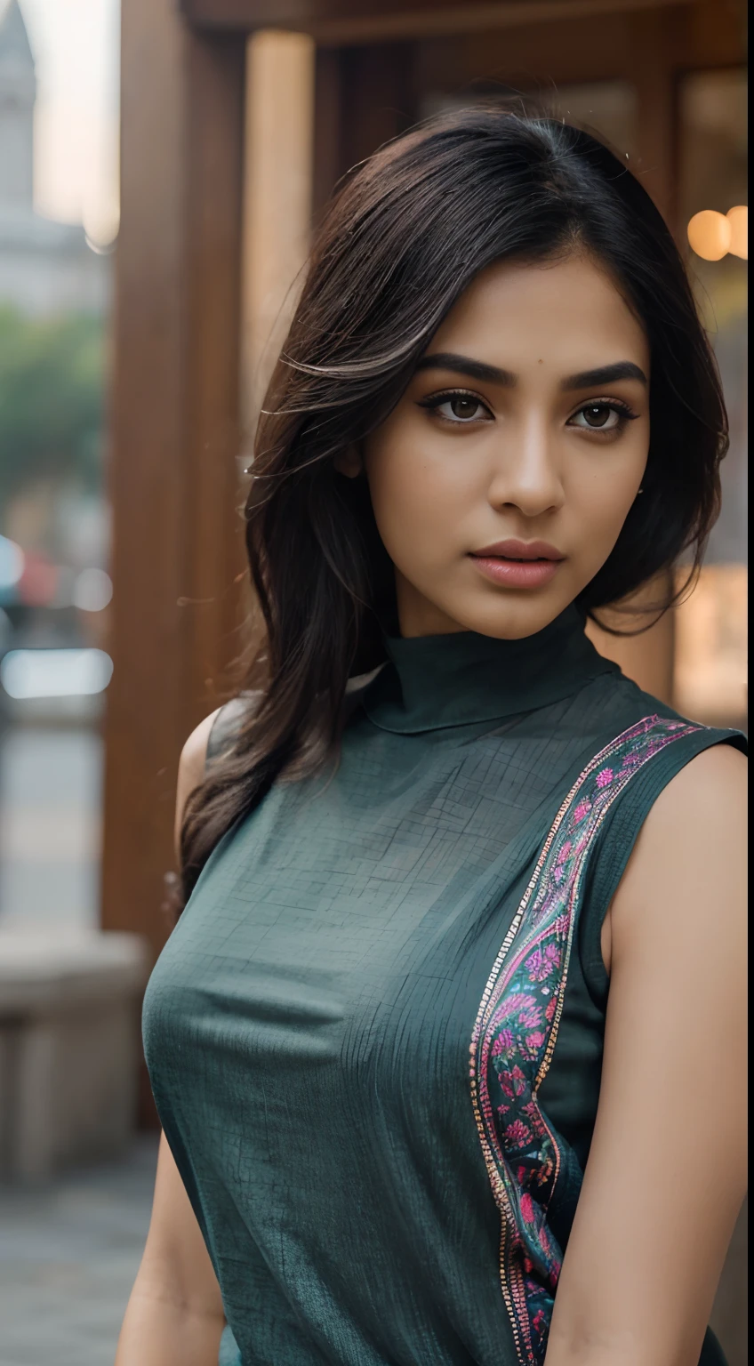 ultra-realistic photographs,Indian Instagram female model,mid 20s,9:16,mid-shot,beautiful detailed eyes,detailed lips,longeyelashes,black stylish hair, naturally full eyebrows,perfectly formed nose,expressive face,attractive appearance,confident and elegant posture,graceful movement,vibrant and colorful turtle-neck t-shirt, vibrant patterns, party background, serene atmosphere,stunning architecture,soft and natural lighting,vivid colors,photorealistic,HDR,highres,studio lighting,ultra-detailed,bokeh,fully covered clothes