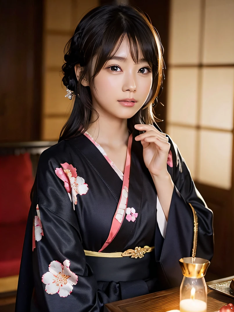 ((1 girl in))、Photorealsitic、a beauty girl、smil、hightquality、hight resolution、super-fine、acurate、Cinematic lighting、High contrast、High brightness、Highly detailed facial and skin texture、Detailed hand depiction、Black kimono、with floral pattern、Highly detailed brown eyes、detailed symmetric realistic face、Detailed chest depiction、Detailed hand depiction、Sleepy eyes、Hairstyle Upstyle、Look at viewers、Detail skin、 Indoor Japan house on background、futon bedding、Night view of fireworks blooming outside the window