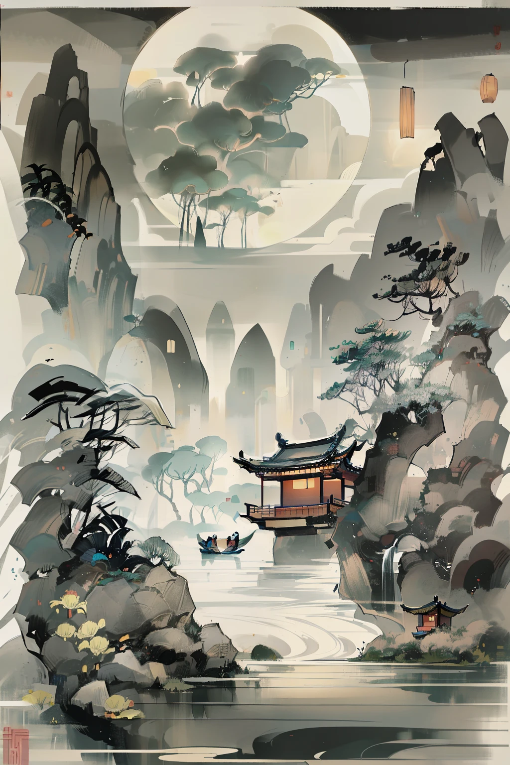 masterpiece,best quality,Chinese martial arts style,an asian night scene with lanterns and water lilies,asian pond with many lanterns and boatsa night scene with many lights and boats in the water, Lake surface, lotus flowers,beautiful night scene,(((Chinese martial arts style))), with vast sky, continuous mountains and steep cliffs, ink wash style, outline light, atmospheric atmosphere, depth of field, mist rising, bamboo, pine trees, octagonal stone pavilion, waterfall flowing water,big full moon,(No color) , Monochrome, light color,