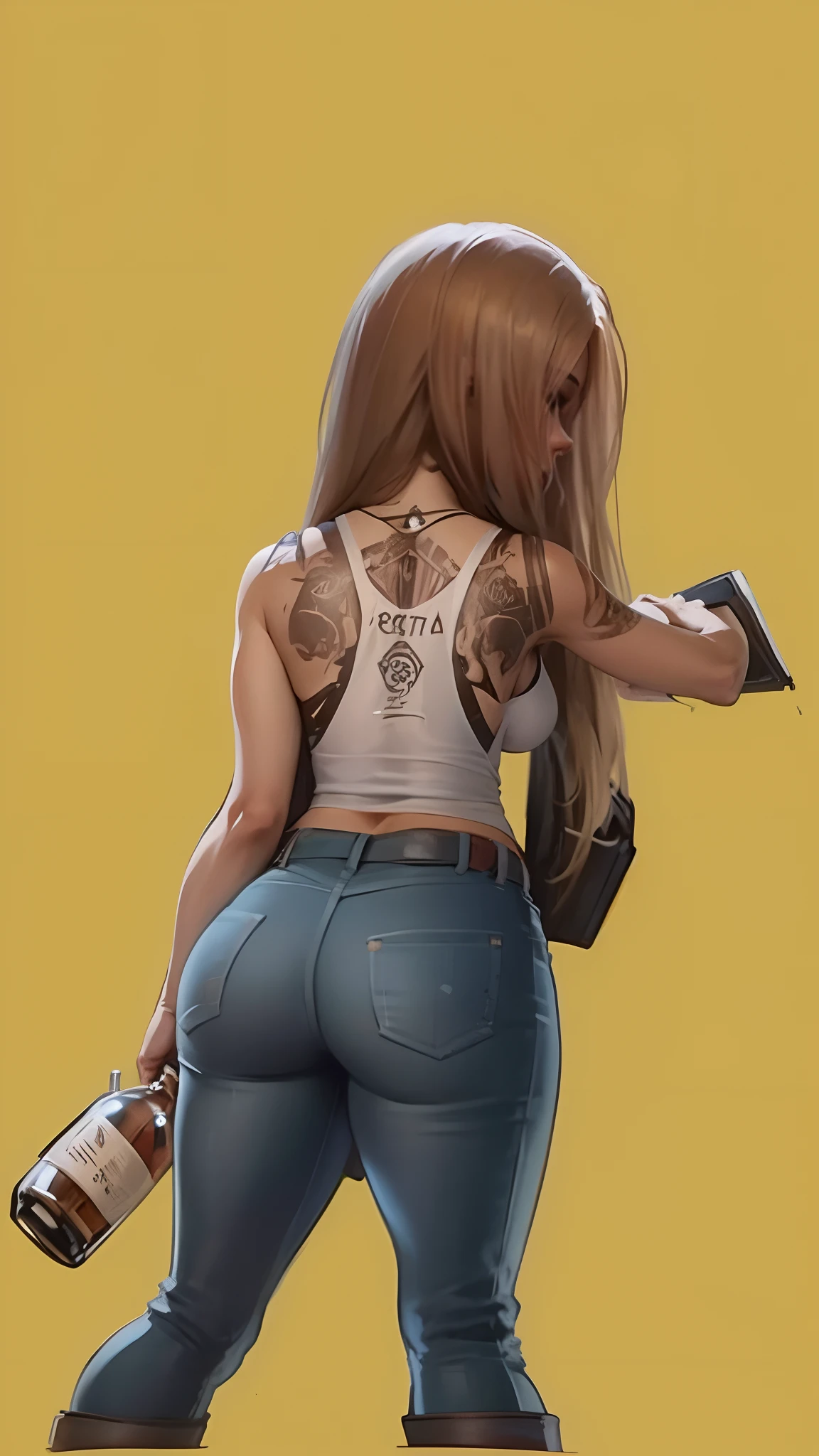 extremamente realista, mulher de costas, bunda grande, weapon in hand, revolver in hand, With a bottle of whiskey in hand, sexy