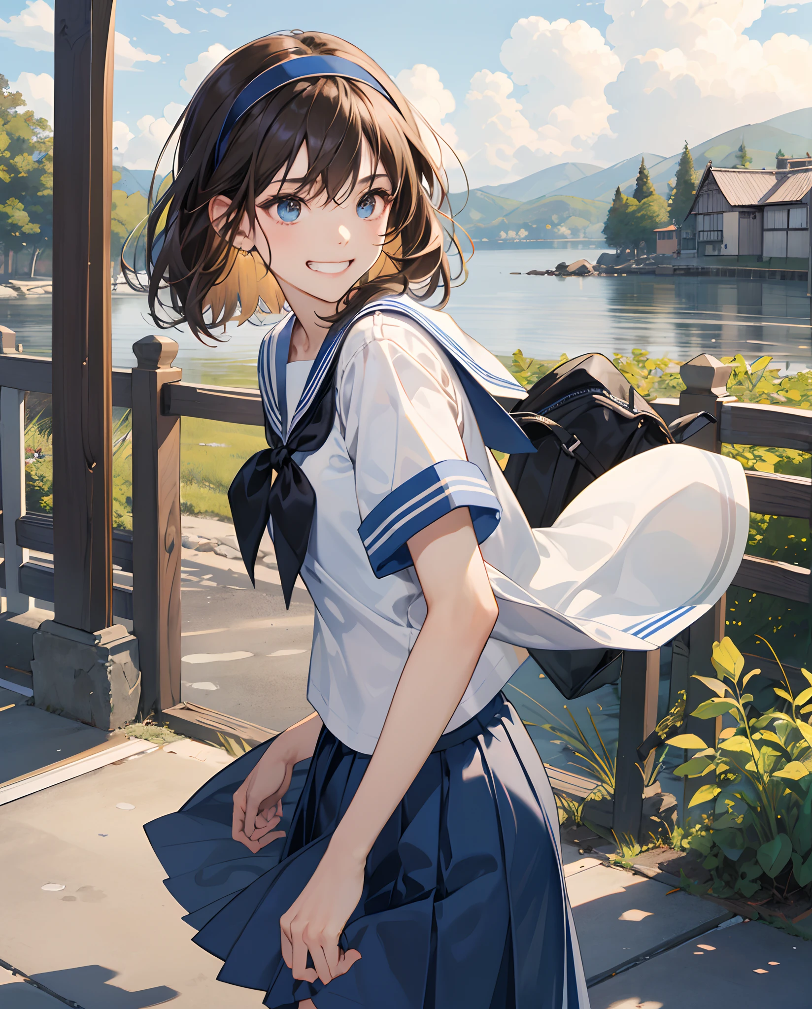 (masterpiece,top-quality,超A high resolution),A Japanese Lady, Very beautiful girl, Ubu no Girl、(Perfect limbs、perfect anatomia),((Bob Hair,Hair Band)).Cute sailor suit、Sailor suit with short sleeves、Navy blue skirt、Pure white、Beautiful skin、Moist eyes、Brown glittery hair、Colors and landscapes of youth、Premonition of love、Colossal tits、embarrassed grin、Attend school、morning、Battle Girl High School