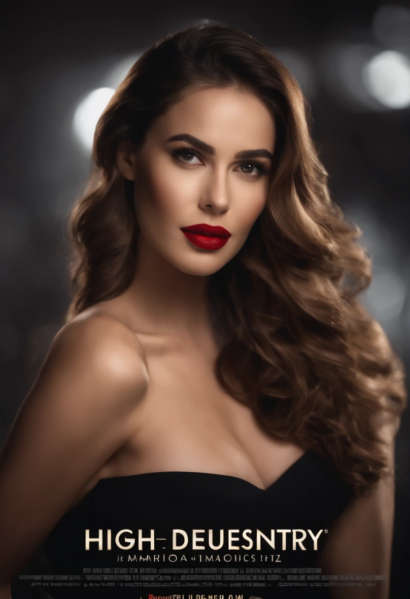 (Sharp focus:1), Poster photo, anchor, (Beautiful face:1.3), Detailed eyes, Sweet red lips, （C-cup breasts:1.0），Black suit，（cleavage 1.2），Wavy hair，cinmatic lighting:1.2， 8K, High-density imaging，Master masterpieces