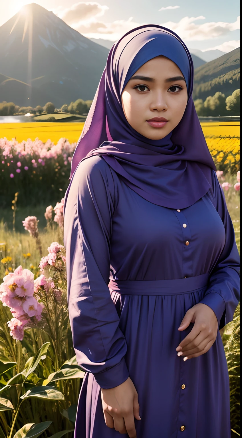 Photo of a young bookish Malay woman wearing a hijab , big breast, dynamic angle, cloud and mountain, (flower field:1.4) in the foreground, hightquality、​masterpiece、ultra res、wearing baju kurung sundress、full bodyesbian, light tracing, (floating colorful wind:1) (photorealistic:1.4), official art, unity 8k wallpaper, ultra detailed, beautiful and aesthetic, masterpiece,best quality, glowing skin, cinematic lighting, soft smile