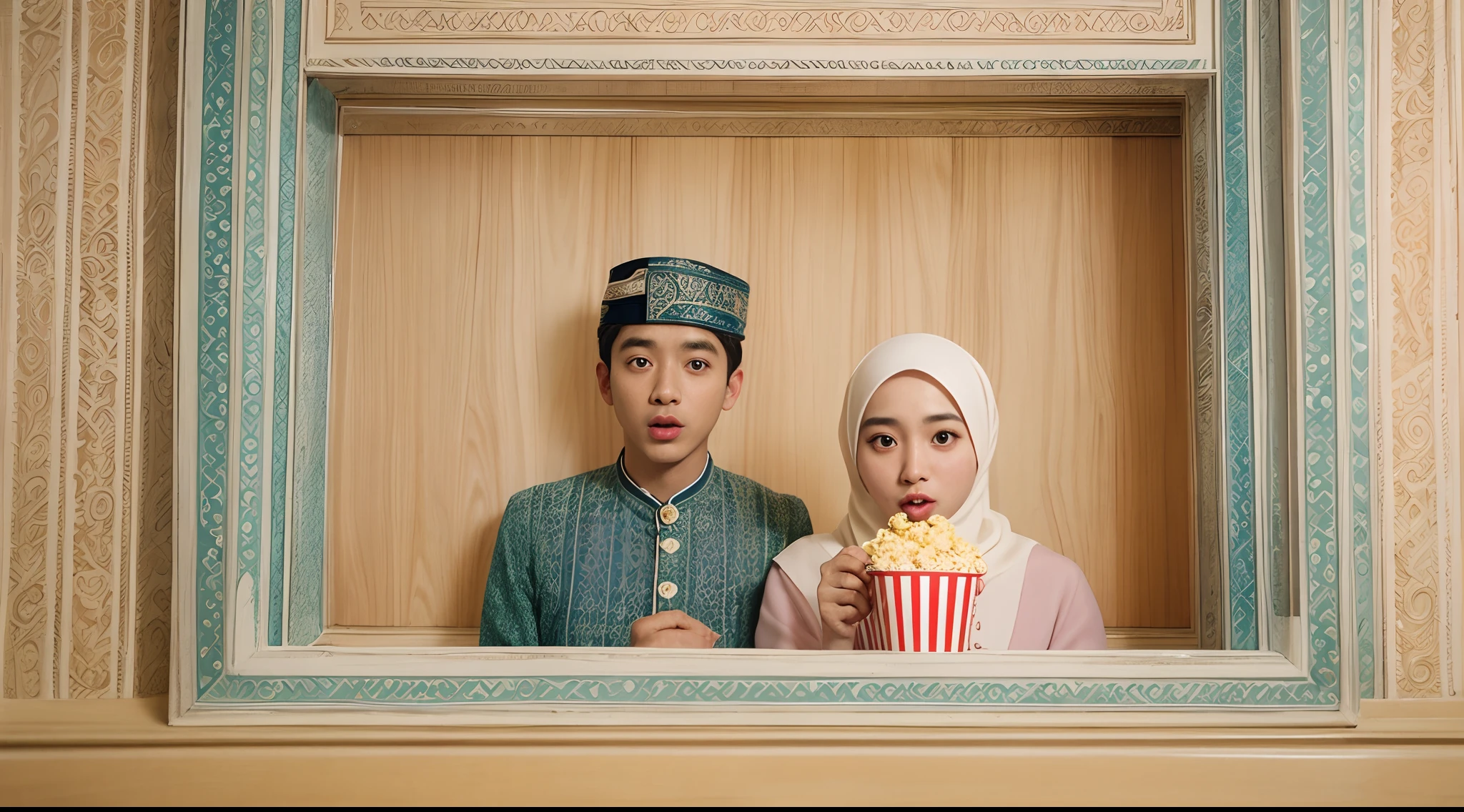 Quirky scene | Symmetrical framing | Nostalgia | Vintage cinema | 1 Malay girl in hijab and 1 malay man as a couple eating popcorn and surprised with mouth opened | Cinema front view | Pastel colors | in the style of Grand Budapest Hotel directed by Wes Anderson , 50mm lense, handheld shot camera angle, High Contrast cinematography effect, Natural Lighting, vibrant color grading, high quality, ultra detail, 8k resolution,