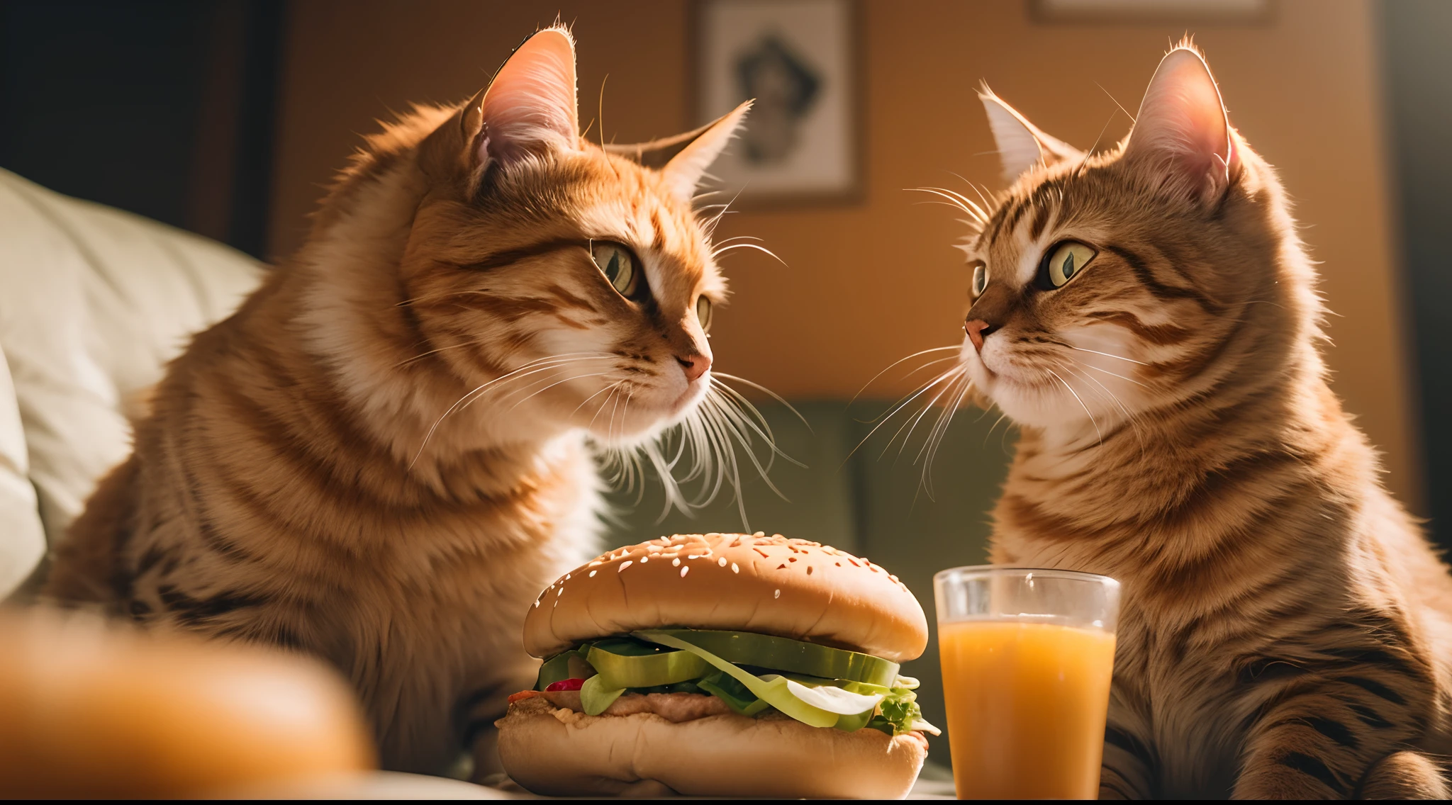 A photo of two orange cats sitting on a sofa watching TV while eating burger, happy cat, laughing, Prores lens, Low angle shot, Desaturated color grading, High Contrast cinematography effect, Tungsten light, Dynamic shadows, indie film, high quality, ultra detail, 8k,