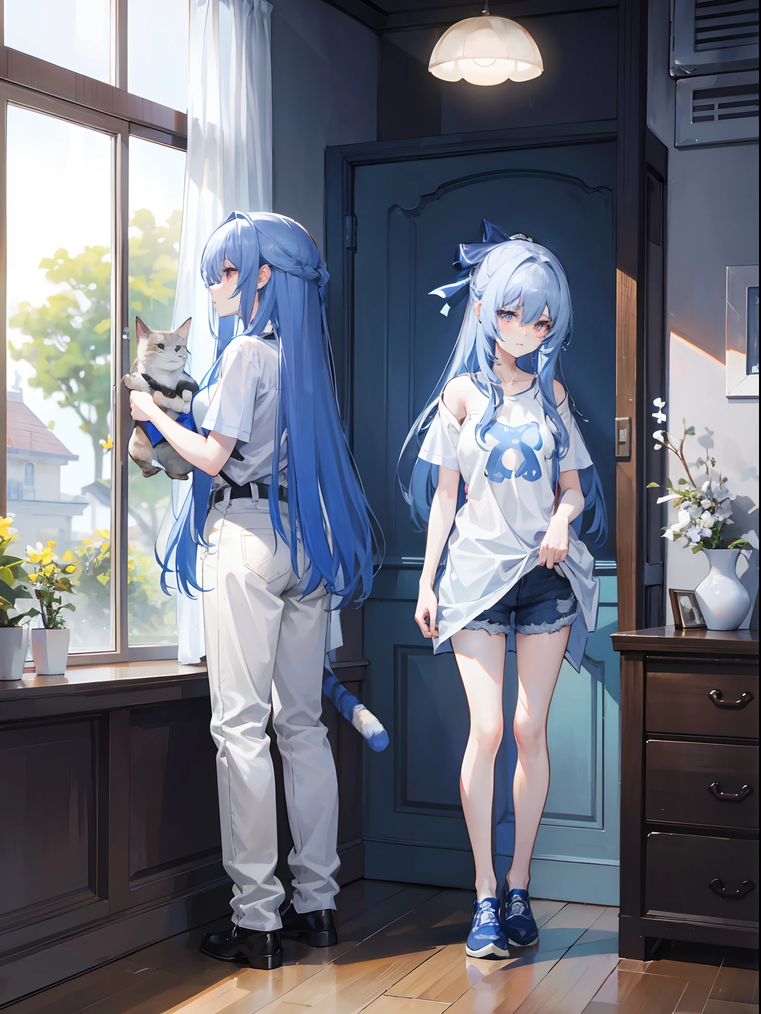 Blue long hair girl, standing with a cat next to her, looking at the cat, wearing white shirt and short jeans.