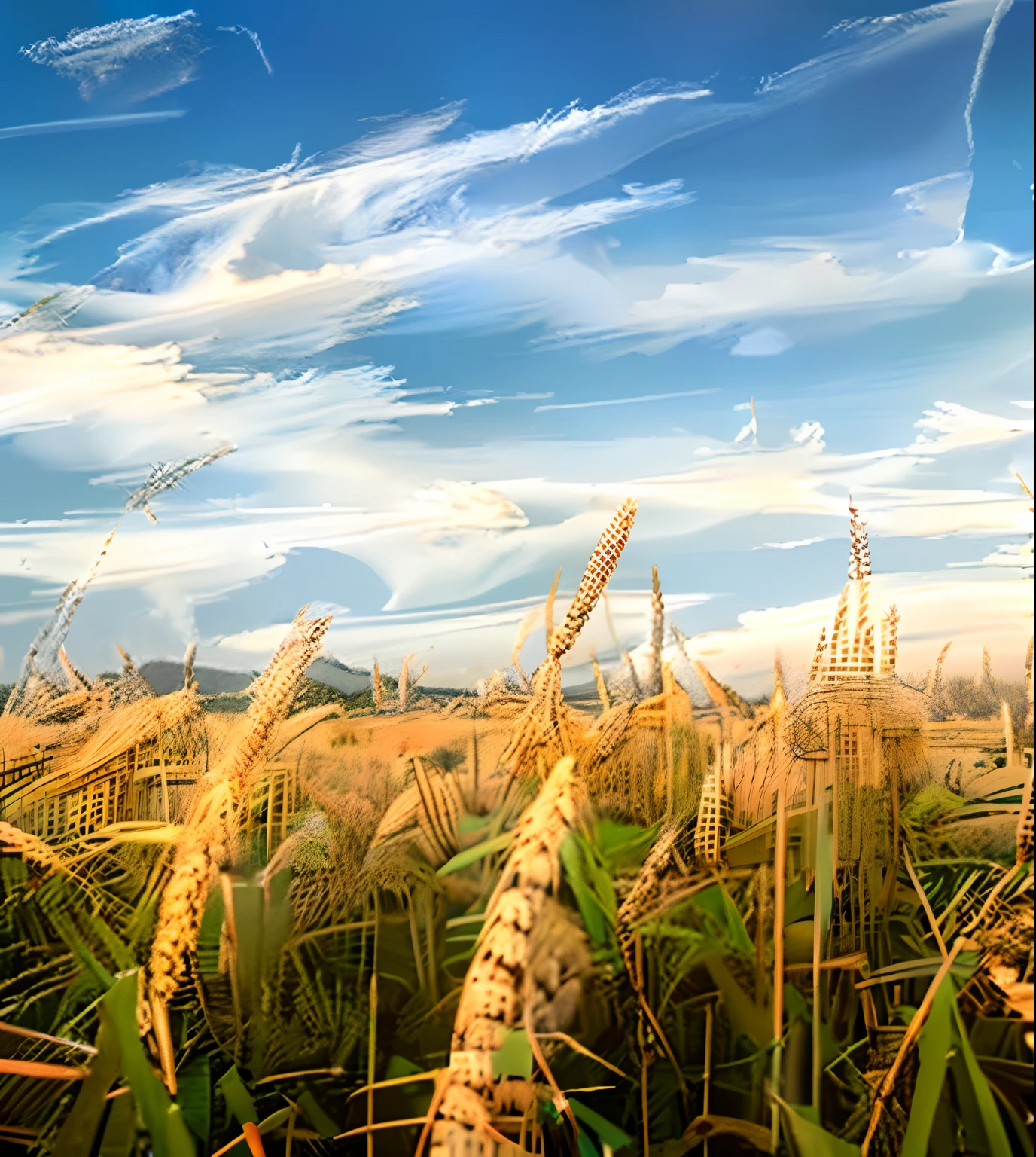 8K,Skysky，ricefield，Wheat ears in the foreground（closeup cleavage）