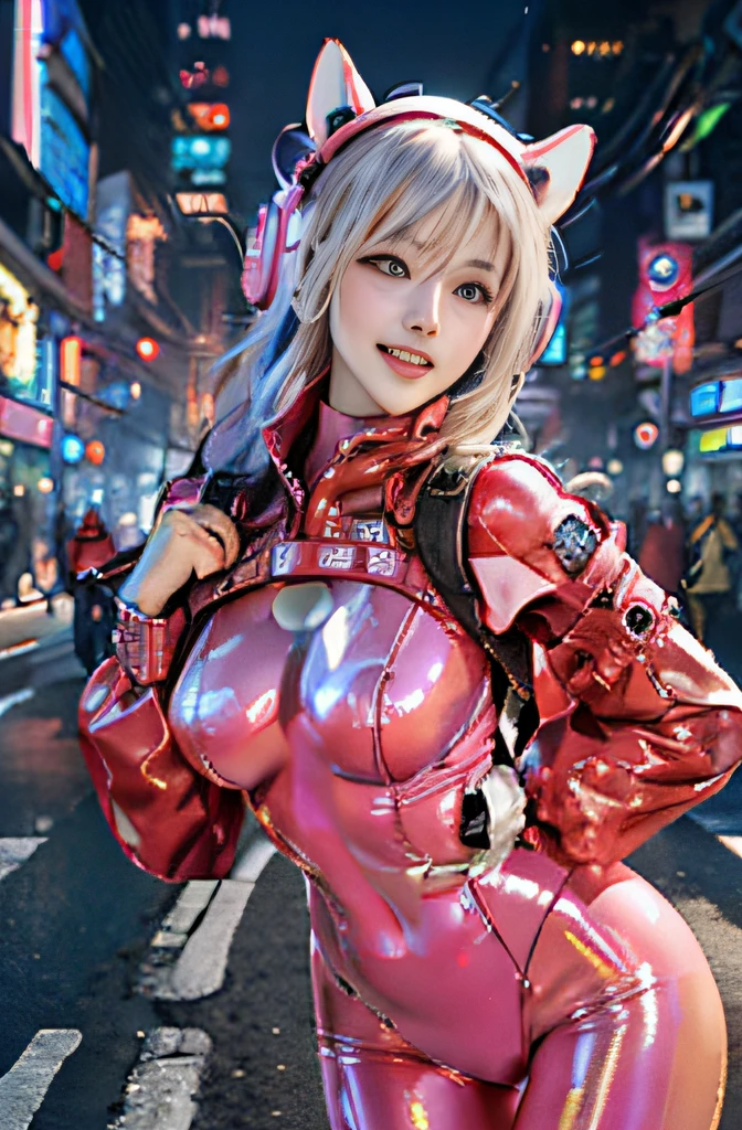 (RAW photo, Best quality, Masterpiece:1.2), (Realistic, photo-realistic:1.4),(Masterpiece:1.4),(Best quality:1.4),1girll, Solo, :D, Cat ear headphones, Arms up, bangs, Blush, tightsuit, Breasts, rabbit pose, Clothes writing, Cowboy shot, Cropped jacket, mitts, (((Cyberpunk city street background))), hair intakes, Earphone, Tech tights, Impossible clothes, Tech jacket, Large breasts, latex, latex bodysuit, Long hair, Long sleeves, view the viewer, Large breasts, Open mouth, pink leotard, Pink eyes, Red jacket, Shiny clothes, shrugged shoulders \(Clothing\), side locks, skin tight, Smile, (Laughing), ((thigh gap)), Thighs, double tails, Very long hair, White gloves, White hair,Alice \(Nikke\),(Shiny skin),Realistic.He has a delicate and beautiful face,Dressed in a black open-chested mech costume,wearing a mech helmet,Hold the direction controller,Riding on a motorcycle,The background is a high-tech lighting scene in the future city。Bare boobs costume full body