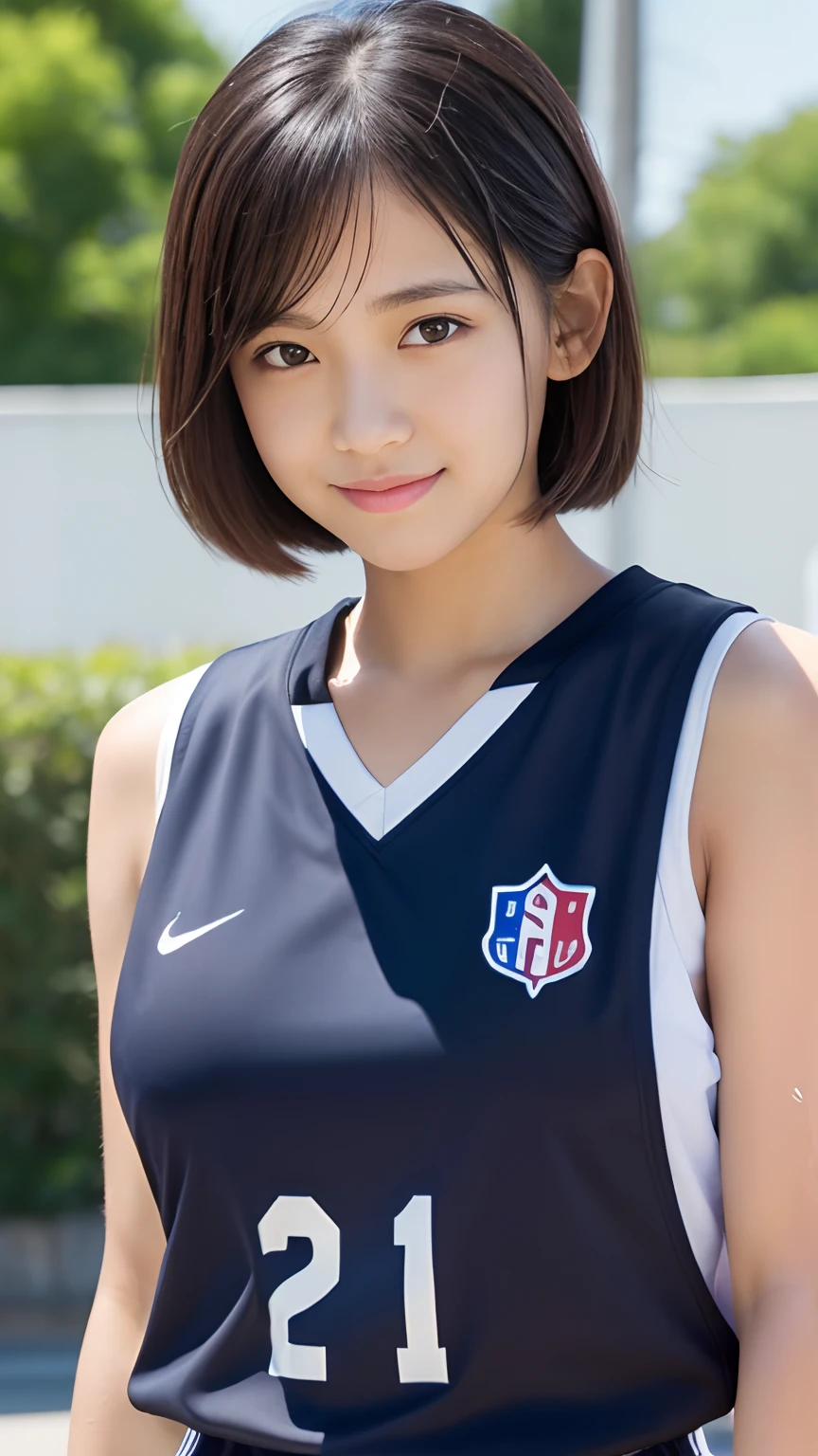 (Best-quality, Masterpiece, Ultra-High-Resolution, (Photorealistic:1.4), Raw Photo, depth of field, professional lighting, perfect anatomy, extremely details), 1girl, 15-years-old, the most famous Japanese idol, standing on athletic-stadium, looking at viewer, innocent smile, ((wearing white track and field sleeveless-uniform)),navy blue high-leg bloomers, ((extremely cute face like the most popular Japanese idol, ((extremely cute big-eyes)), extremely cute short-cut-hair)), (((extremely beautiful and extremely realistic skins)))