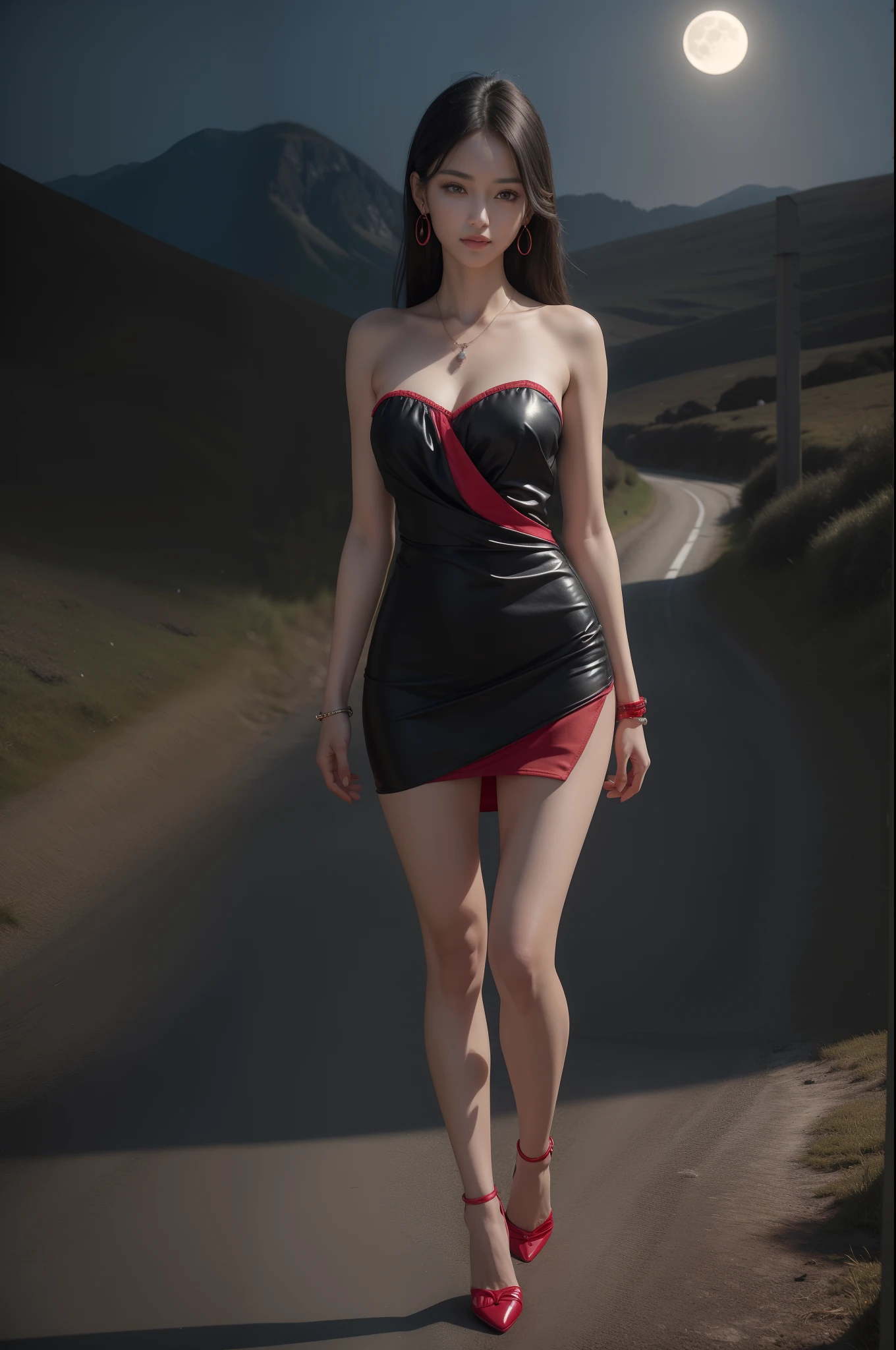 masterpiece, bset quality, realistic,ultra-detailed,cinematic lighting,(full body),detailed face,focus foot,
1girl,(long hair),(black hair:1.3),(tank_top:1.2), (dresss:1.3) , heart-shaped eyes,shiny eyes,looking at viewer, floating hair,earrings,blush,(huge breasts:1.33),(pure eros face),narrow waist, (high heels),thighhighs,pale skin,long leg,leg belt, seductive posture,
,ribbon_choker,shiny hair, ,wide_hips, nipple_tweak, eyeshadow,(sweat),in street,(light smile),
