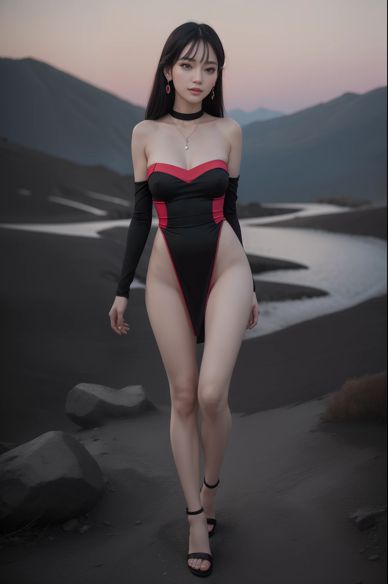 8k, masterpiece, RAW photo, best quality, detail: 1.2), realistic photo, extremely detailed 8k unified CG wallpapers, depth of field, cinematic light, lens flare, ray tracing (extremely beautiful face, beautiful lips , beautiful eyes), face with intricate details, ((Ultra detailed skin)) 1girll, Deep dark shadow, Korean pretty girl, Kpop idol, (Very thin and slim muscular body: 1.3), ((View viewer)), (great smile), (black and red mini dress), (black and red dress), (No panties), (Injection bracelet), (background in a mountain), (moon), (Night), Korean pretty girl, Earrings, bracelet, necklace, no pantyhose, light eyes, walking, (pale skin), looking forward, (big eyes), ((standing full body photo)), (heels), pink minidress, black and red silk minidress , without panties, back, photo from behind
