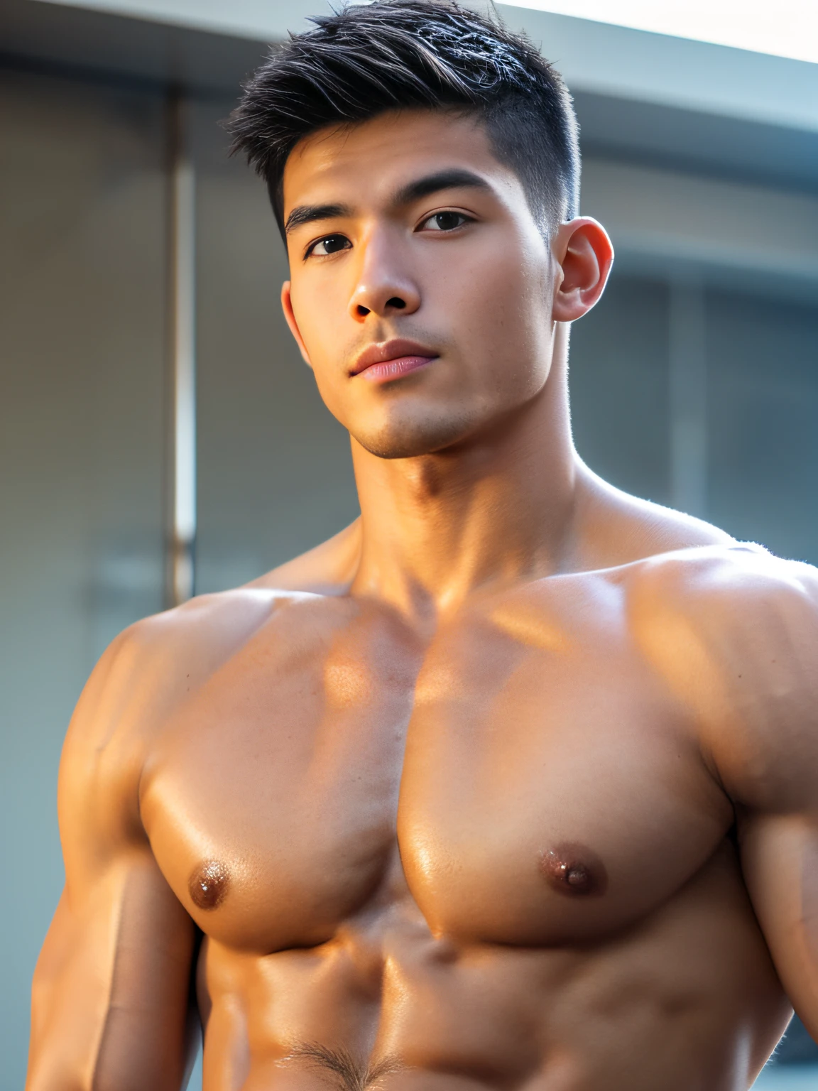 masuter piece、well built、Asian Male、Age 25、twinks、Hot Guy、、muscular、macho、short-haired、Fade Cut、NSFW、Large body、low angles、Real texture、body builder