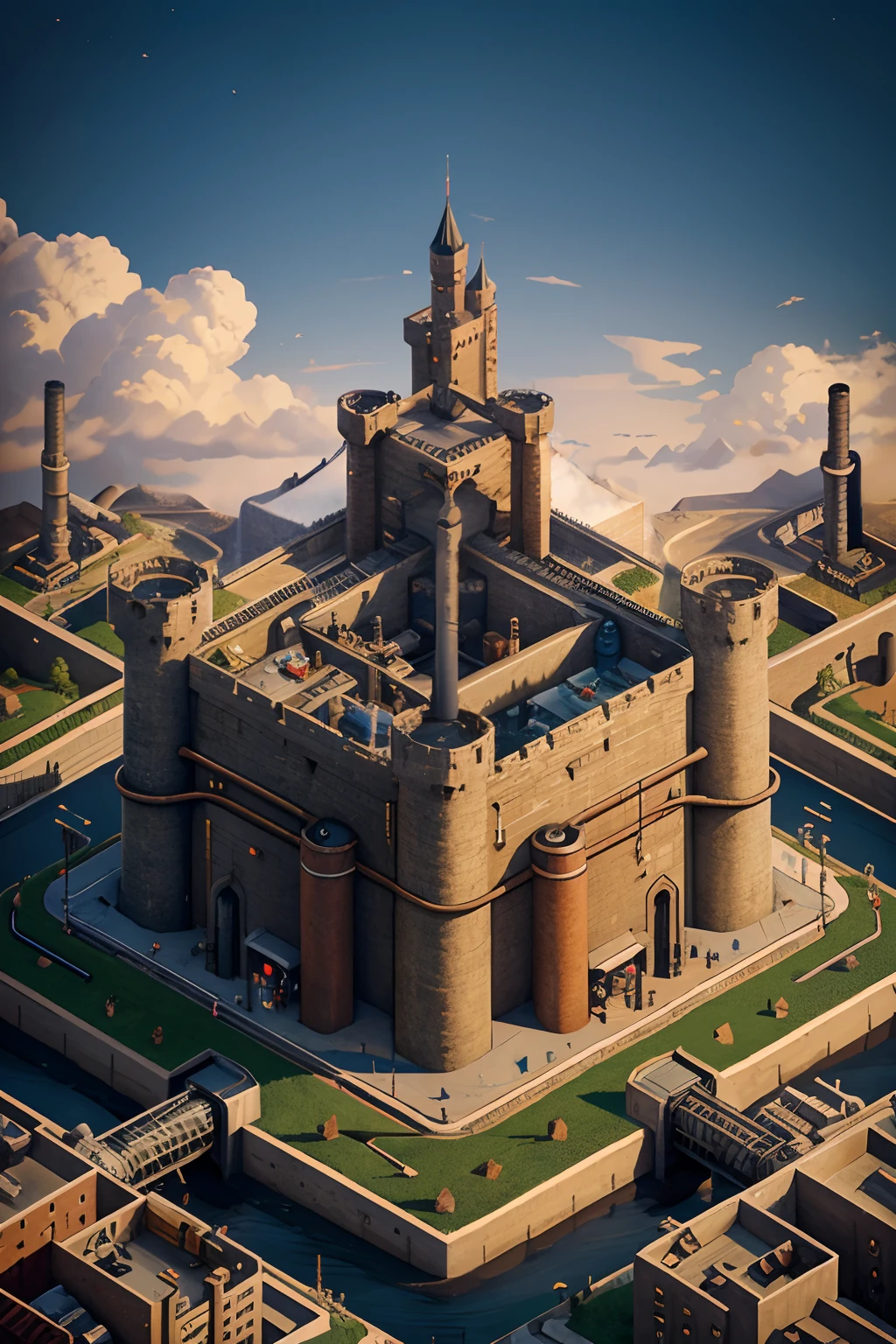 Create an isometric illustration featuring an industrial factory in the foreground, set against the backdrop of a majestic castle and a sprawling kingdom