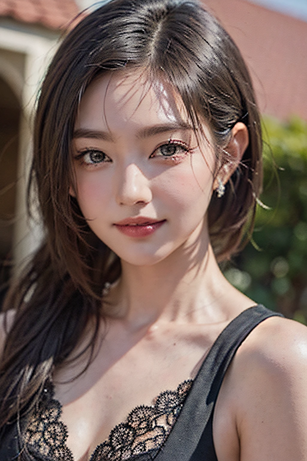 (in 8K、 Raw photography、top-quality,、hight resolution),、(hyper realisitic)、(realisitic),、Soft light、、girl with、Lifelike face、Realistic body、real looking skin、absurderes、masterpiece、Cuties、独奏、Innocent eyes、blusher、Cinema Lights、cherry colored lips、The hair 、a closeup、looking at viewert、 Open lips,、Upper teeth,、(Smiling eyes:0.6)、eyes focus、professionally lit、CG Social Trends、Plastic En、((Black Long Hair))、((Beautuful Women))、(A smile)、Fashionable、(A sexy)、Happy -、fashion magazine、((lighting like a movie))、the woods、((tennis))、kirakira、