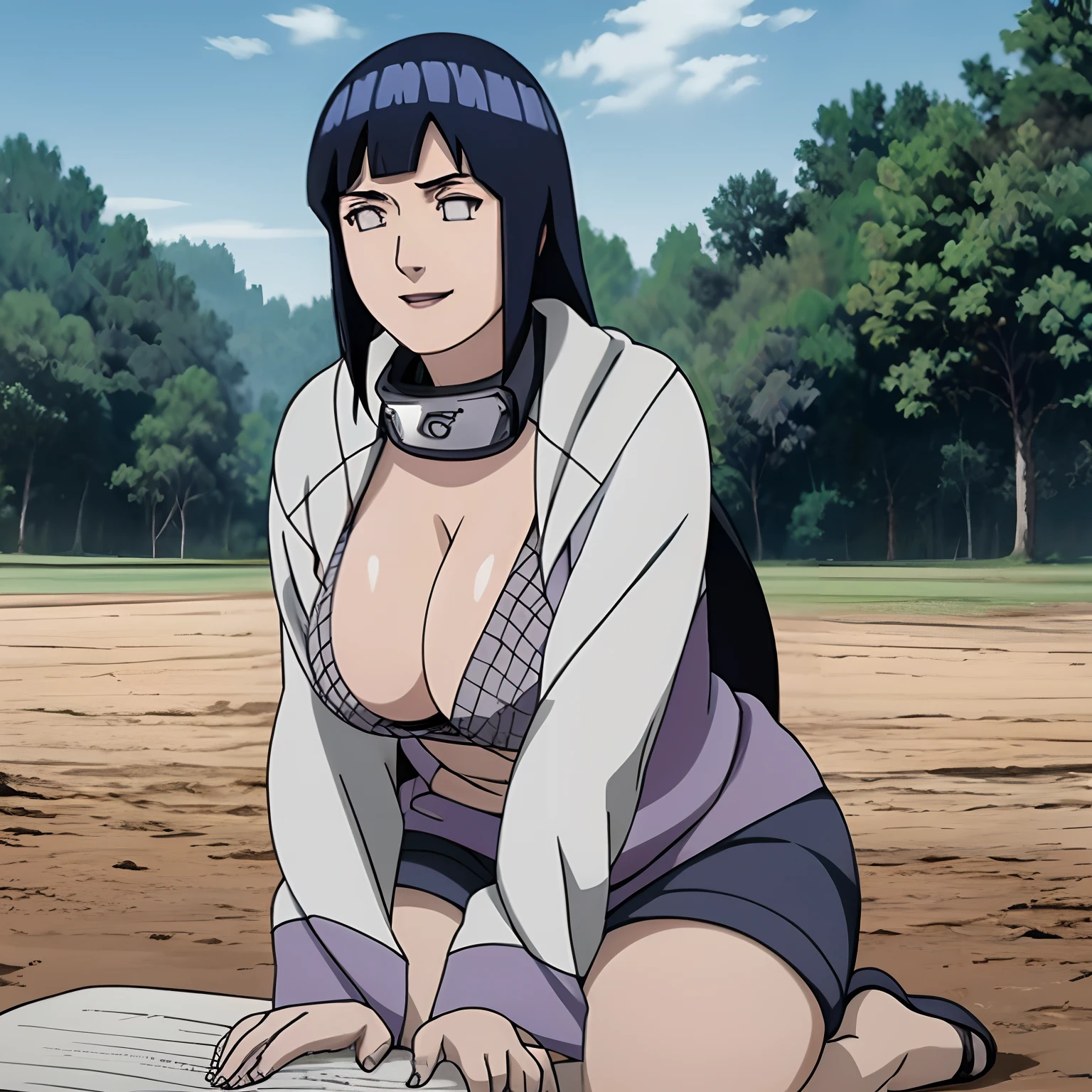 Hyūga Hinata, 1lady solo standing, /(grid girl/) clothes with logo, MILF Woman, /(dark blue hair/) bangs, blush kind smile, white eyes, (masterpiece best quality:1.2) delicate illustration ultra-detailed, large breasts, Her Clothes Cannot Cover Her large breast, BREAK /(racing circuit outdoors/), racing car audience, detailed background, Best Quality 32k HDR,
