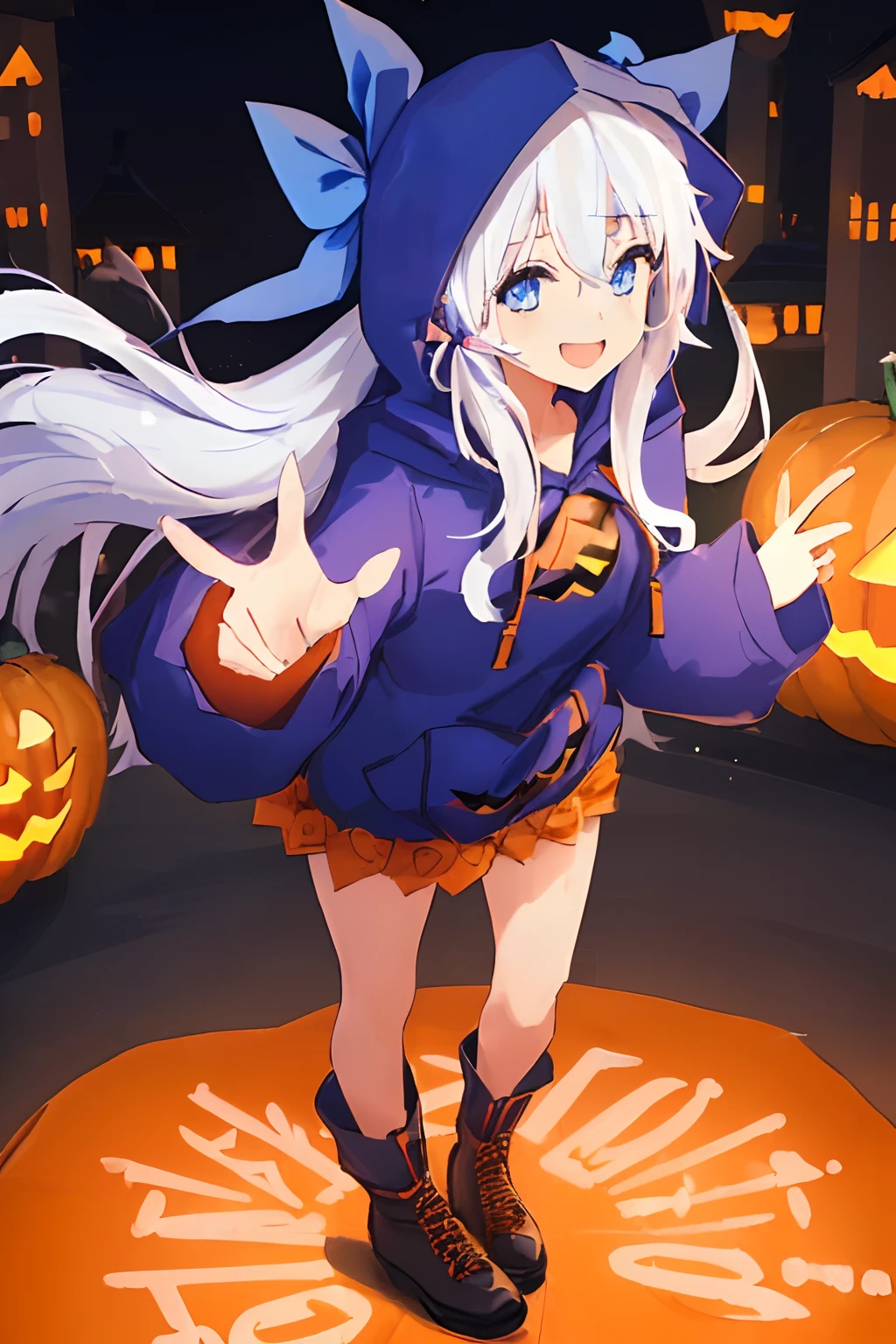 ((((1 girl)))), ((((solo)))), fullbody, ((((white hair)))), long hair, ((((blue hairribbon)))), ((((blue eyes)))), happy, smile, 18 year old, dynamic angle, (((wearing a pumpkin halloween costume))), loose parka, ((((hood up)))), standing in Halloween cosplay parade a night , in tokyo