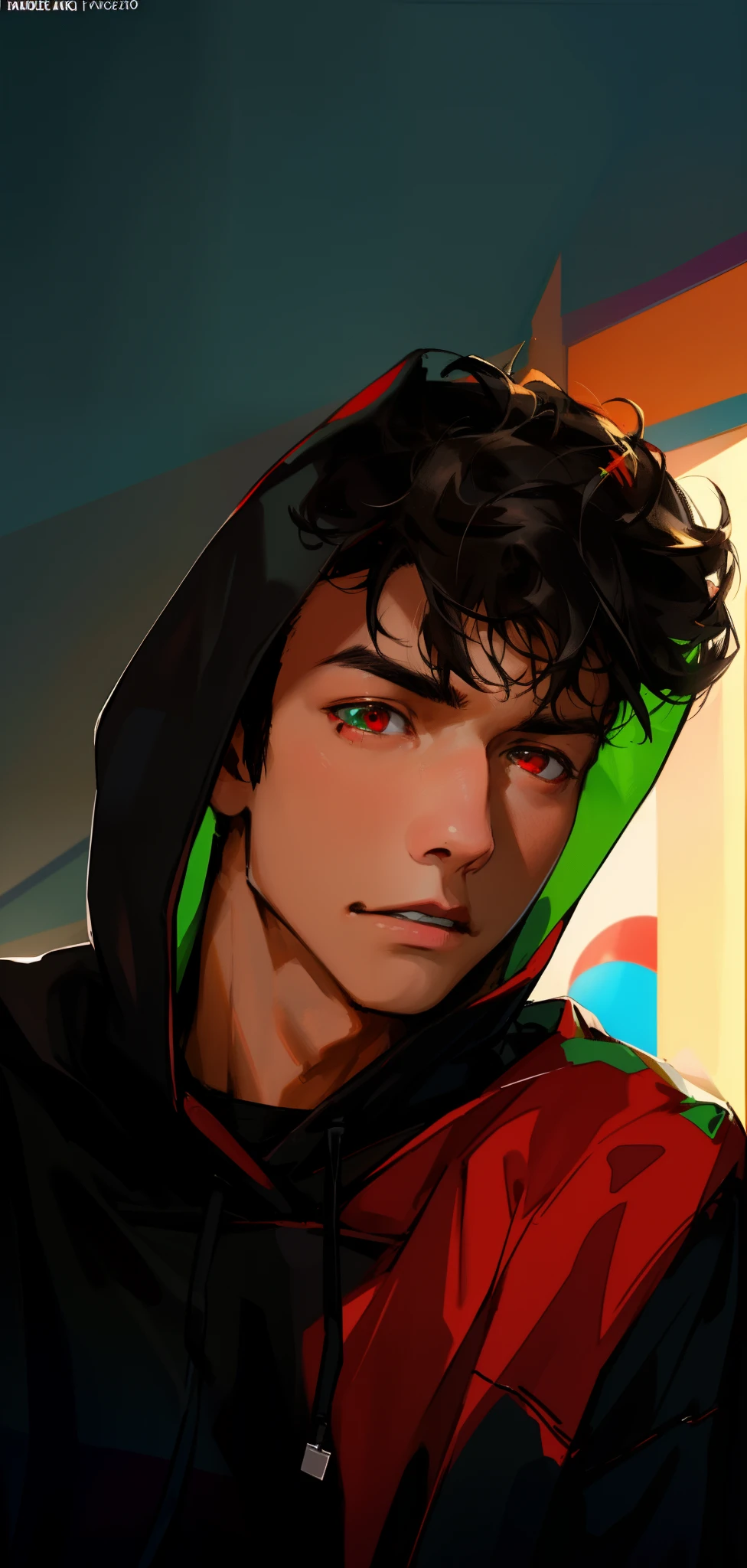 arafed man in a black hoodie sitting in front of a white wall, halfbody headshot, profile picture 1024px, around 1 , headshot profile picture, in a black hoodie, taken in the early 2020s, profile shot, 18 years old, twitch streamer / gamer ludwig, high quality portrait, 1 6 years oldRed eyes, Dark model, Black hair