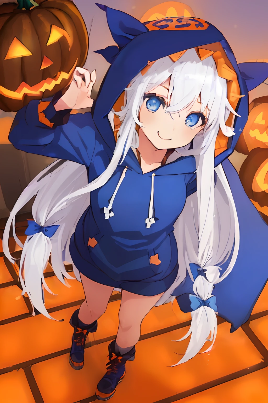 ((((1 girl)))), ((((solo)))), fullbody, ((((white hair)))), long hair, ((((blue hairribbon)))), ((((blue eyes)))), happy, smile, 18 year old, dynamic angle, (((wearing a pumpkin halloween costume))), loose parka, ((((hood up)))), standing in Halloween cosplay parade a night , in tokyo