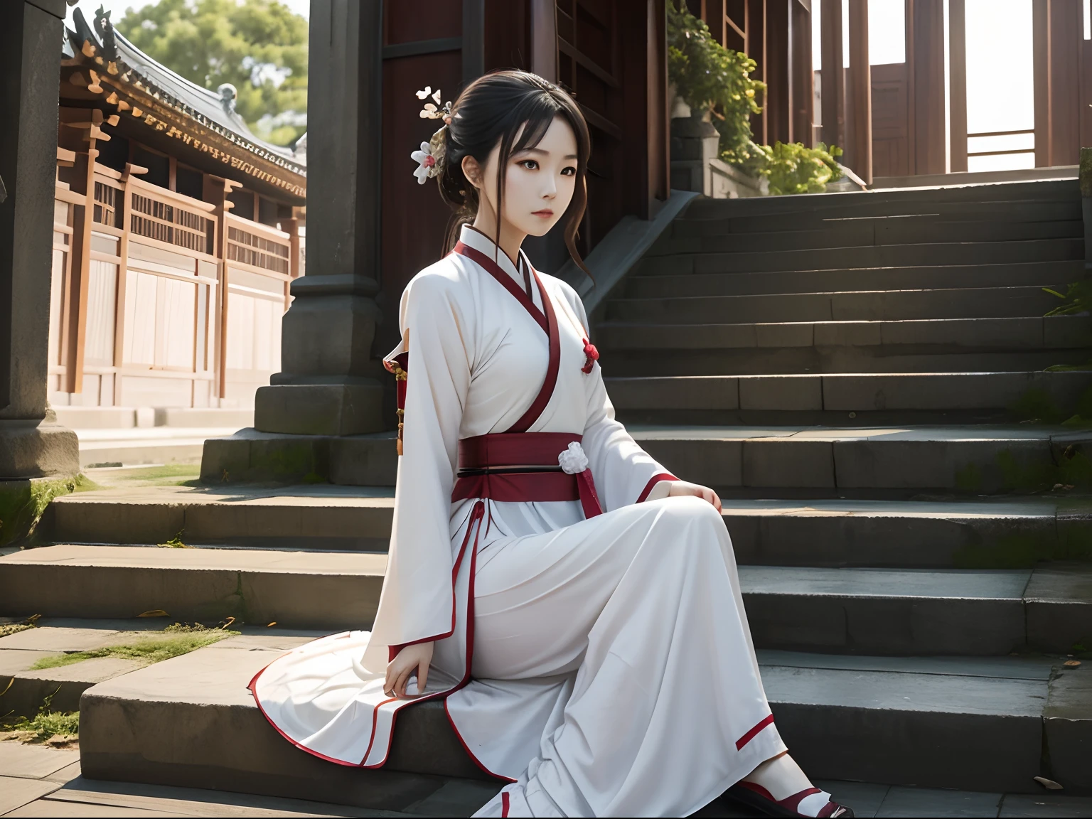 A woman who is,Hanfu,Sitting on the steps,natta,Broken temple,swordsmen,(tmasterpiece,best qualtiy,Complicated details)
