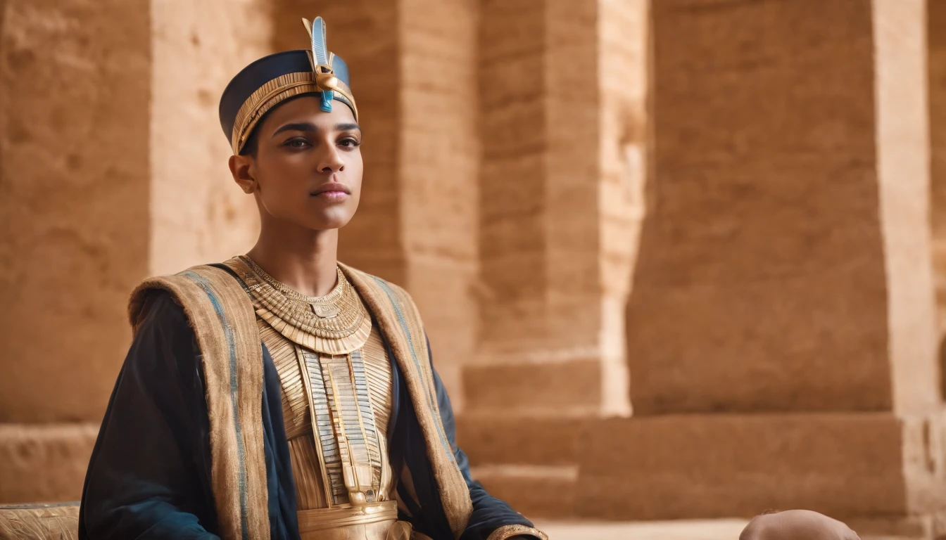 Photorealistic depiction of a 15-year-old Egyptian prince, resembling an actual person, dressed in the iconic attire of Pharaoh Tutankhamun. He sits with regal posture, and the environment around him reflects the opulence of an ancient Egyptian royal chamber, complete with detailed decorations and artifacts. We can see his beautiful lags, he sits un a seductive position. Superb Quality, Masterpiece, High Resolution, Hair Accessories, Necklace, Jewelry, Handsome, 8K UHD, DSLR, Soft Light, High Quality, Volume Lighting