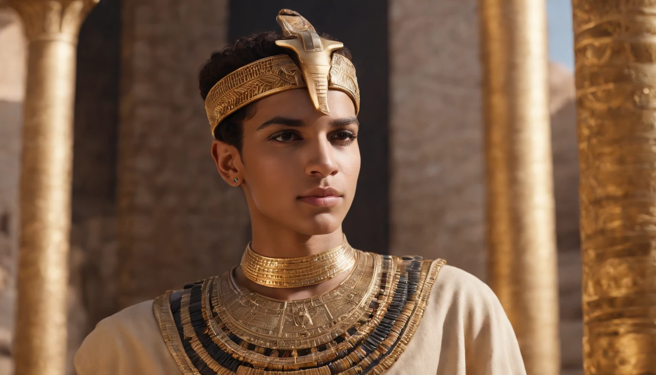 Photorealistic depiction of a -yeld Egian prince, resembling an actual person, dressed in the iconic attire of Pharaoh Tutankhamun. He sits with regal posture, and the environment around him reflects the opulence of an ancient Egyptian royal chamber, complete with detailed decorations and artifacts. We can see his beautiful lags, he sits un a seductive position. Superb Quality, Masterpiece, High Resolution, Hair Accessories, Necklace, Jewelry, Handsome, 8K UHD, DSLR, Soft Light, High Quality, Volume Lighting