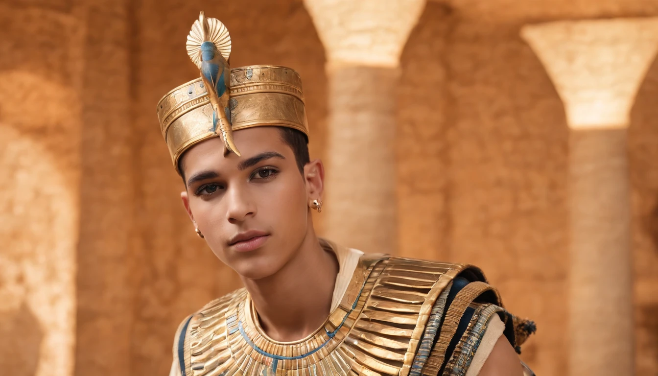 Photorealistic depiction of a -yeld Egian prince, resembling an actual person, dressed in the iconic attire of Pharaoh Tutankhamun. He sits with regal posture, and the environment around him reflects the opulence of an ancient Egyptian royal chamber, complete with detailed decorations and artifacts. We can see his beautiful lags, he sits un a seductive position. Superb Quality, Masterpiece, High Resolution, Hair Accessories, Necklace, Jewelry, Handsome, 8K UHD, DSLR, Soft Light, High Quality, Volume Lighting