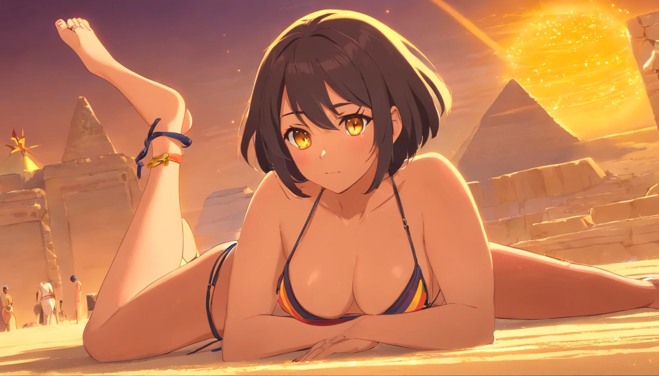 a woman in a、A dark-haired、Colossal tits、Big ass、Egypt、yellow eyes、Large, thick thighs、a short bob、wide hips、Egyptian style、black woman、Red Micro Bikini、