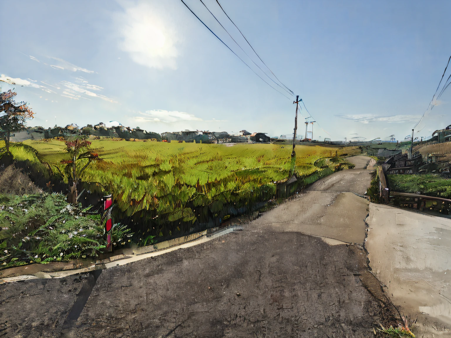 There is a red stop sign on one road, countryside in japan, taken with sony alpha 9, Japanese countryside, captured with sony a3 camera, rural japan, taken with a Sony A7R camera, shot on nikon z9, japense village in background, japan rural travel, residential area, Japan rural town, ricefield, shot from a far distance