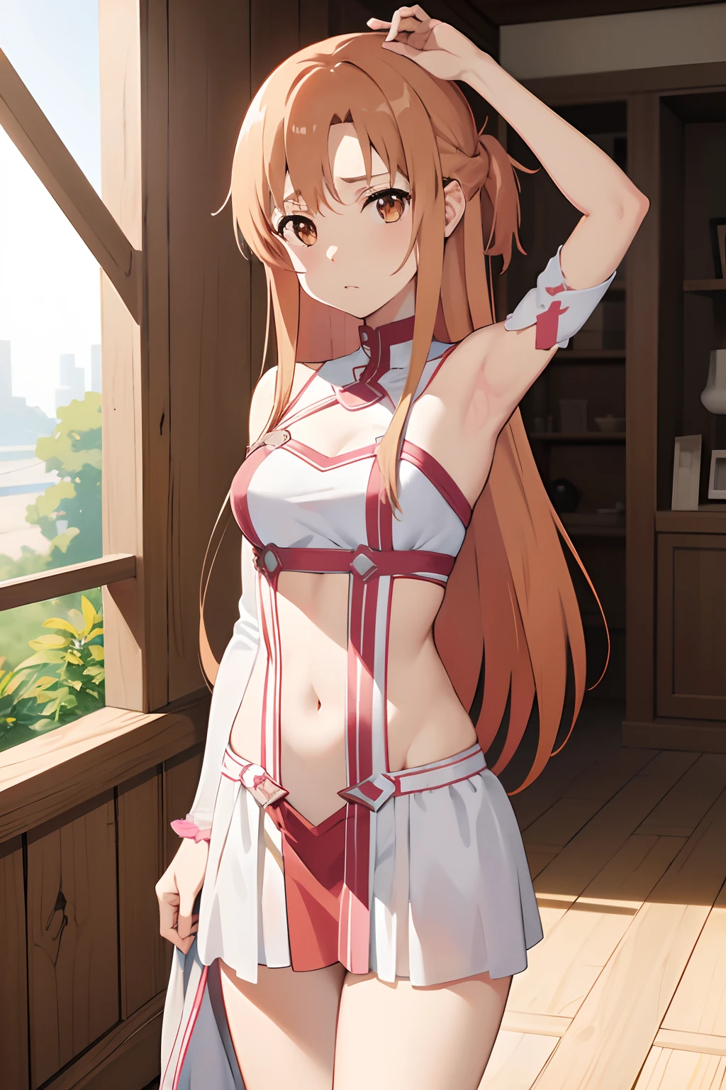 {asuna yuuki(sword art online)}, 1girl, ​masterpiece、top-quality、NSFW, {seminude、toppless、pink 、Naked Dance、Metamorphosis、A slender、