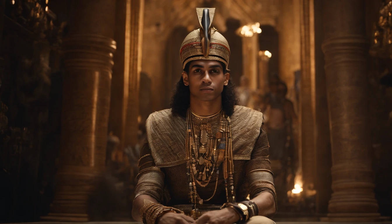 Photorealistic depiction of a 15-year-old Egyptian prince, resembling an actual person, dressed in the iconic attire of Pharaoh Tutankhamun. He sits with regal posture, and the environment around him reflects the opulence of an ancient Egyptian royal chamber, complete with detailed decorations and artifacts. We can see his beautiful lags, he sits un a seductive position. Superb Quality, Masterpiece, High Resolution, Hair Accessories, Necklace, Jewelry, Handsome, 8K UHD, DSLR, Soft Light, High Quality, Volume Lighting