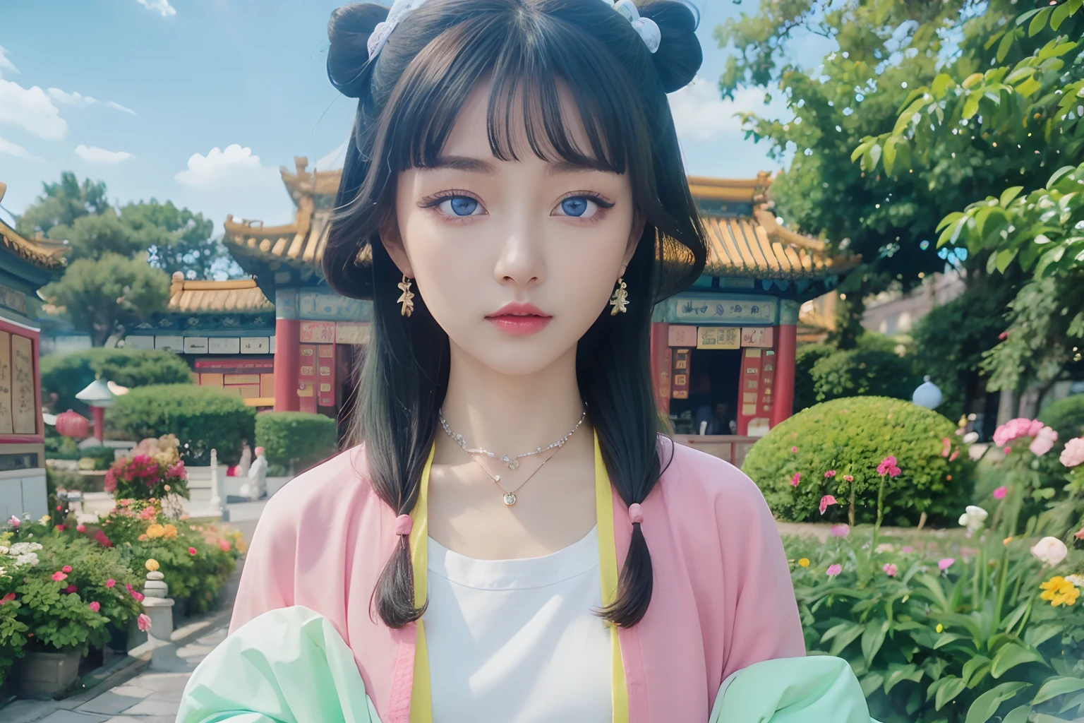 top-quality, 8K, ultra-detailliert, Photorealsitic, 1girll, Maomao, Pink outerwear, Blue eyes, Green hair, Yellow hair ornament in the hair, (Pink eyeliner:1.3), up of face, (Light pink lips:1.2), (White Stall:1.3), (Chinese Style Necklace:1.3), The jacket is made of kimono fabric, (Blue eyes:1.5)