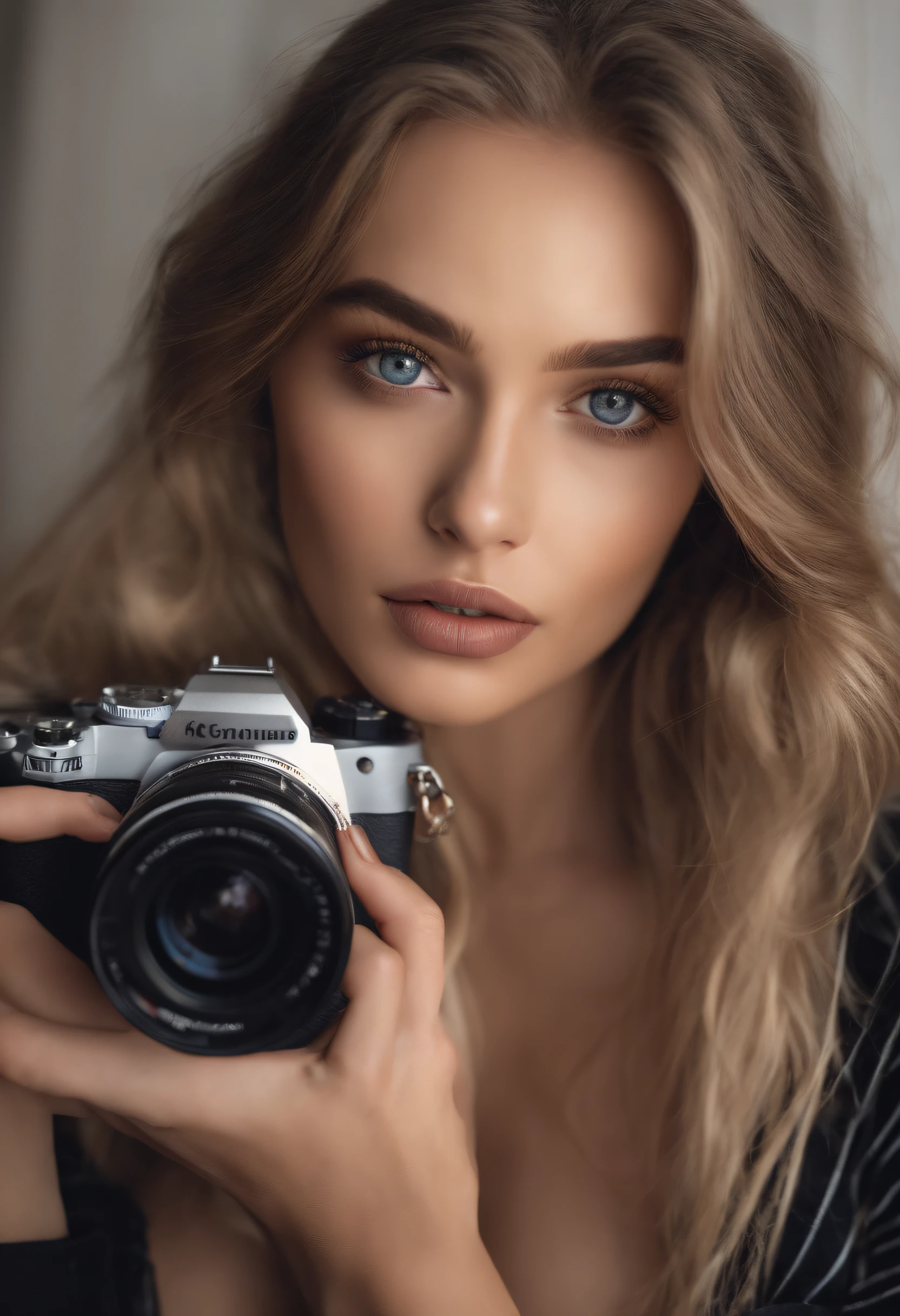 Arafed woman completely , fille sexy aux yeux bleus, ultra realist, Meticulously detailed, Portrait Sophie Mudd, cheveux blonds et grands yeux, selfie of a young woman, Yeux de chambre, Violet Myers, sans maquillage, maquillage naturel, looking straight at camera, Visage avec Artgram, Maquillage subtil, Great photo of the whole body kneeling on the bed, dans la chambre, Bust of medium size to large mixed breed
