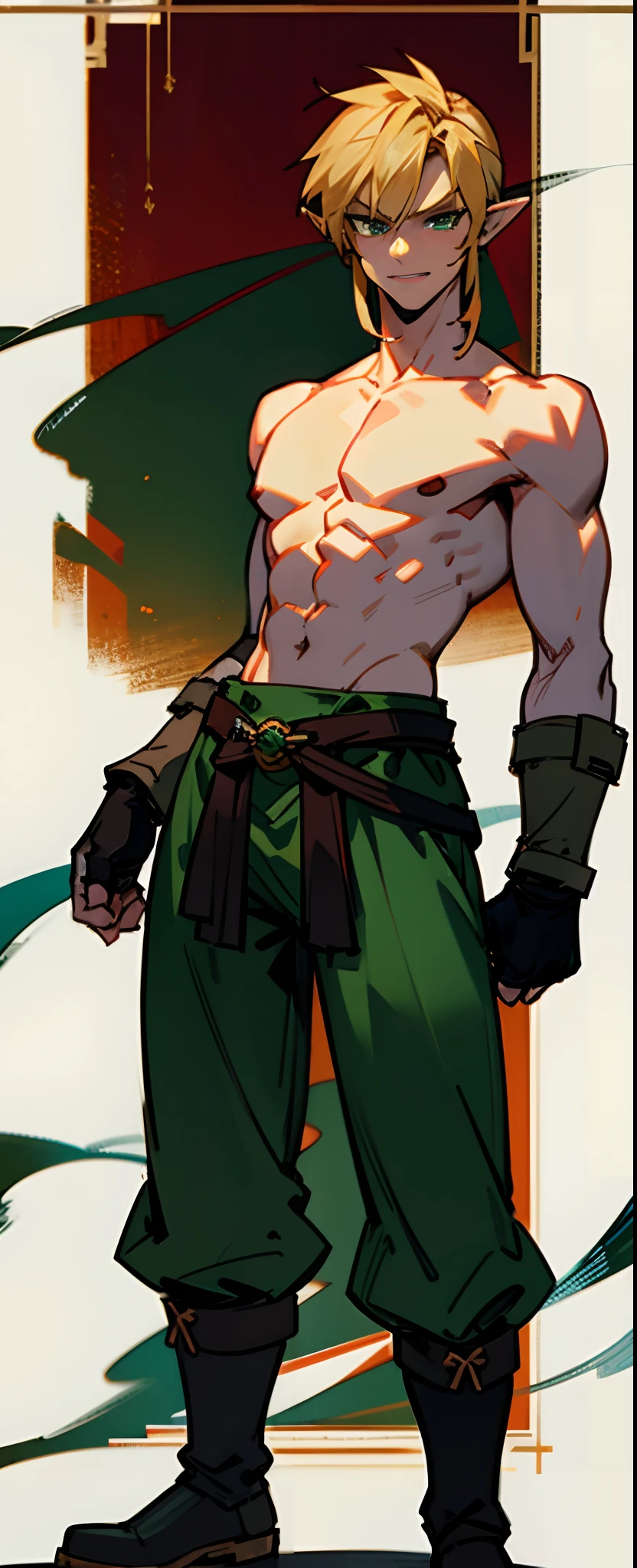 blond, tall, green-eyed guy, viking style, russian hero style, strong, anime style, anime , link, ( short gloves), standing, (topless:1.3), demigod , (muscular:0.3),(sport:0.2), (empty dojo),(smiling:0.5), (dominant),(evil:0.6)(confident)(sadistic)(adult:1.5)(masculine:1.2)(slender:0.2)(powerful)(looking at viewer)(pants)(beautiful eyes)(full body)(combat boots)