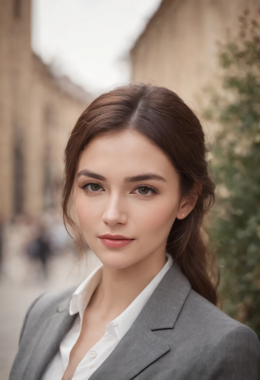 Cinematic portrait, Upper body, face, Facing the audience, (reality :1.3), One of the most beautiful works of art in the world, A woman looks at the camera, Wear an office career suit, Detailed beautiful face, Action shooting, Ancient city background, Realistic photos, CG, Art Station