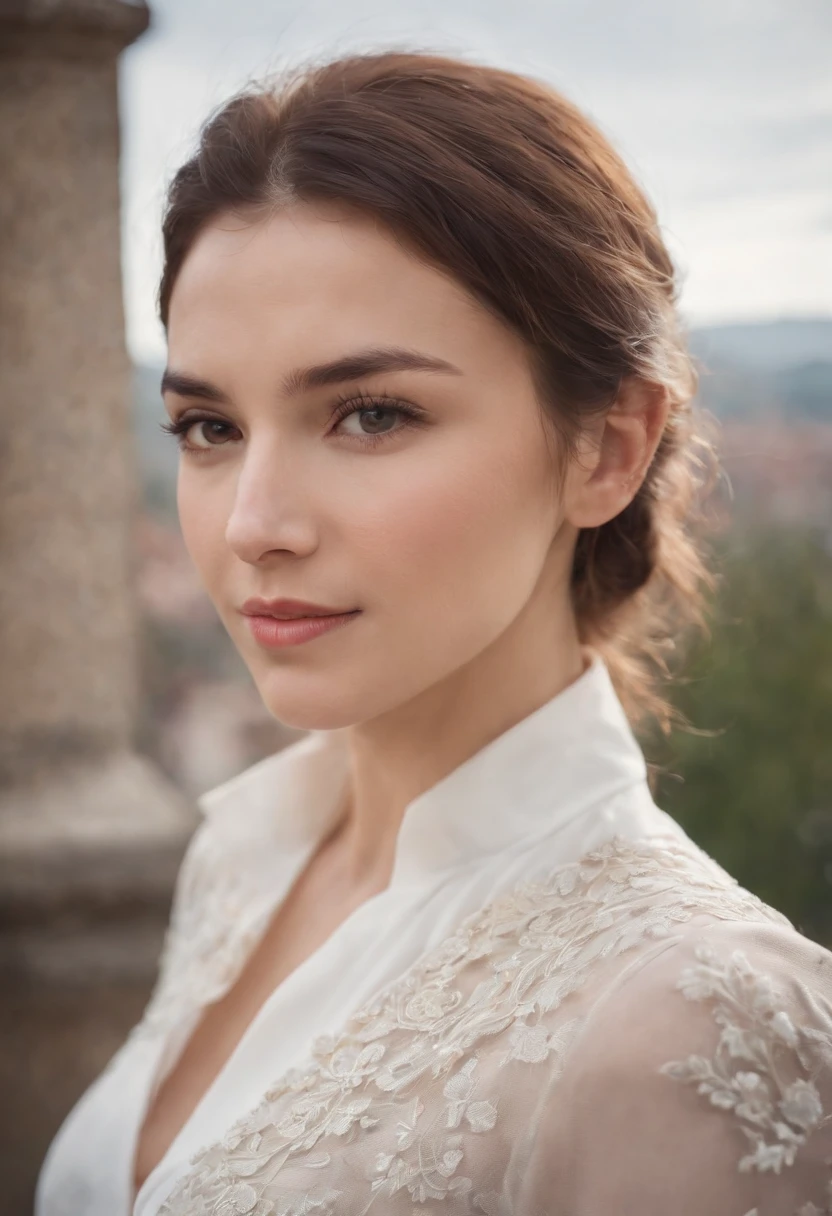 Cinematic portrait, Upper body, face, Facing the audience, (reality :1.3), One of the most beautiful works of art in the world, A woman looks at the camera, Wear an office career suit, Detailed beautiful face, Action shooting, Ancient city background, Realistic photos, CG, Art Station