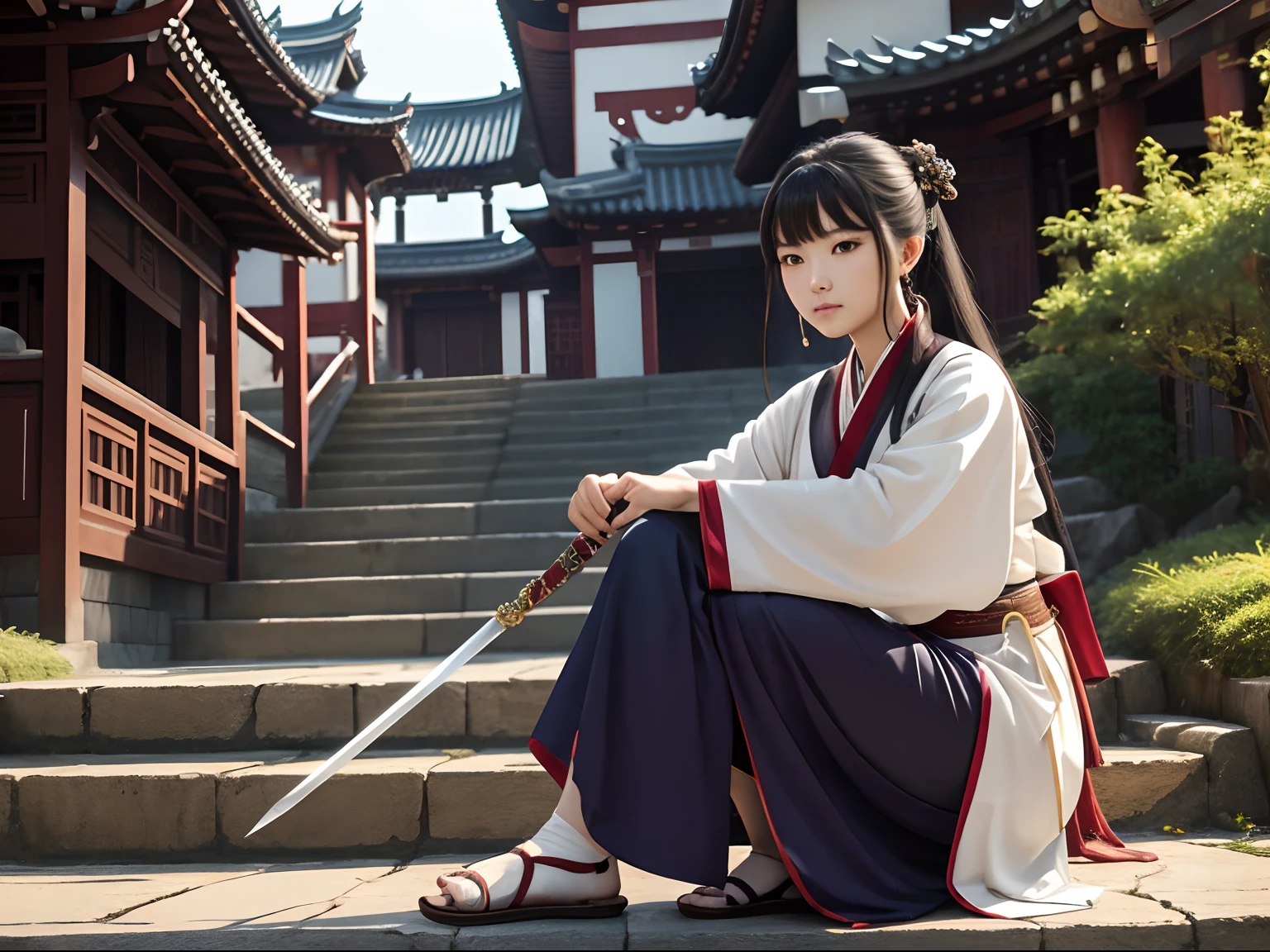A woman who is,Hanfu,Sitting on the steps，Place your right hand on your right knee，natta，Broken temple,swordsmen,(tmasterpiece，best qualtiy，Complicated details)