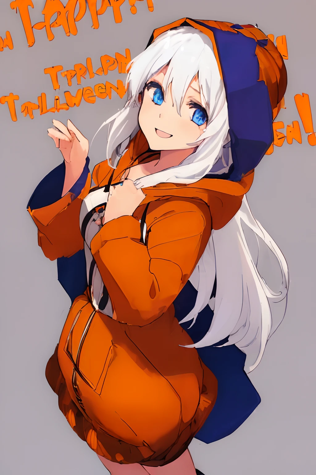 ((((1 girl)))), ((((solo)))), fullbody, ((((white hair)))), long hair, ((((blue eyes)))), happy, smile, 18 year old, dynamic angle,  (((wearing a pumpkin halloween costume))), loose parka, ((((hood up)))),  standing in Halloween cosplay parade a night , in tokyo