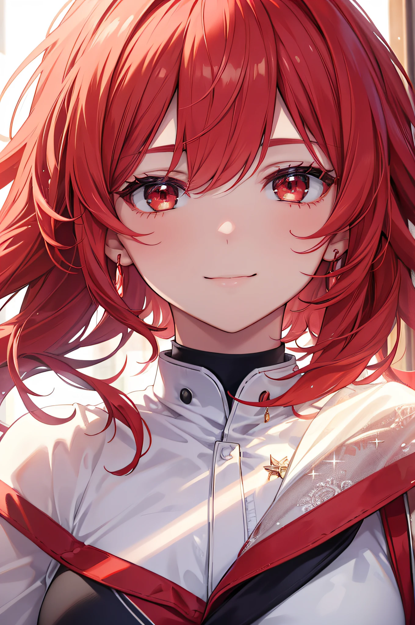 Best Quality, High resolution, Ultra-detailed, Accurate depiction of light reflections, Detailed beautiful face, Detailed smile, Detailed red color hair, Solo, Dynamic Pose, Red Effect[Oingoefu, Portraits