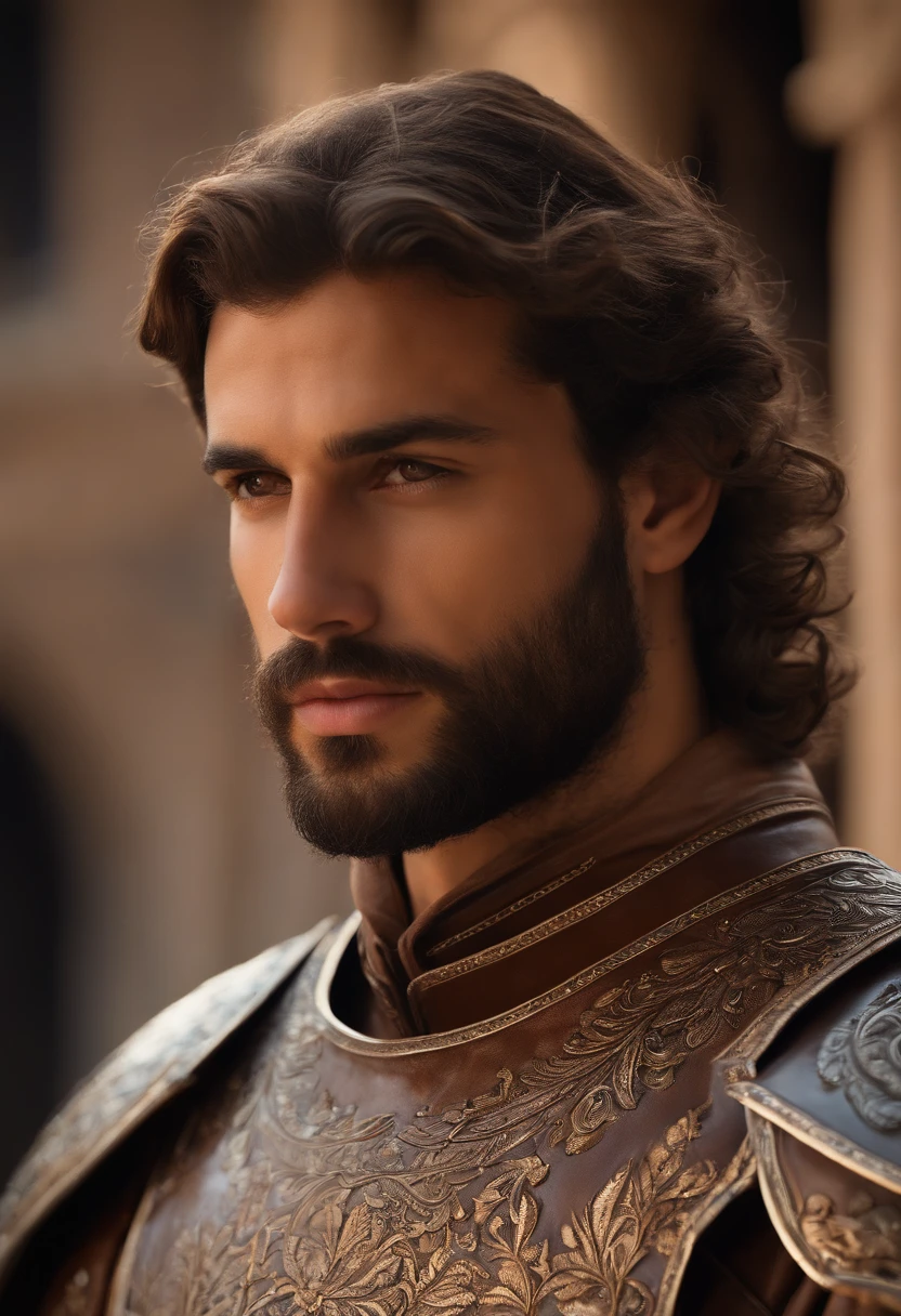 Italian man with beard, slight smirk, smirk, young, smile, curly hair, olive skin, tan skin, shoulder length hair, laminar leather armour, bright skies, brown hair, short beard, renaissance, renaissance armour, Venice, renaissance city, Italian city, Italy, scar, modelshoot style, (extremely detailed CG 8k wallpaper), most beautiful artwork in the world, portrait, trend at ArtStation, trend at CGSociety, Intricate, High Detail, Sharp Focus, Dramatic and Photorealistic Painting Art