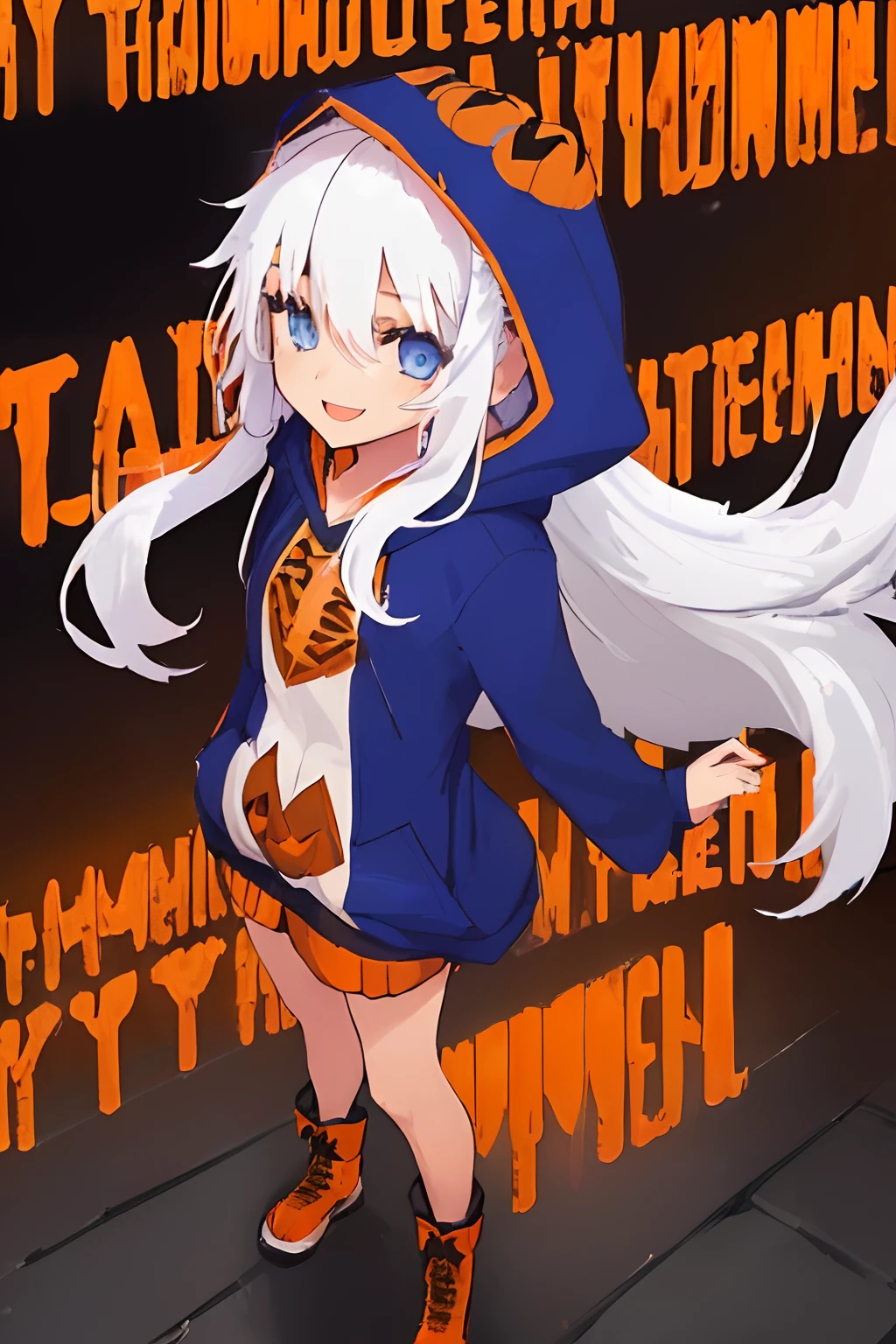 ((((1 girl)))), ((((solo)))), fullbody, ((((white hair)))), long hair, ((((blue eyes)))), happy, smile, 18 year old, dynamic angle, (((wearing a pumpkin halloween costume))), loose parka, ((((hood up)))), standing in Halloween cosplay parade a night , in tokyo