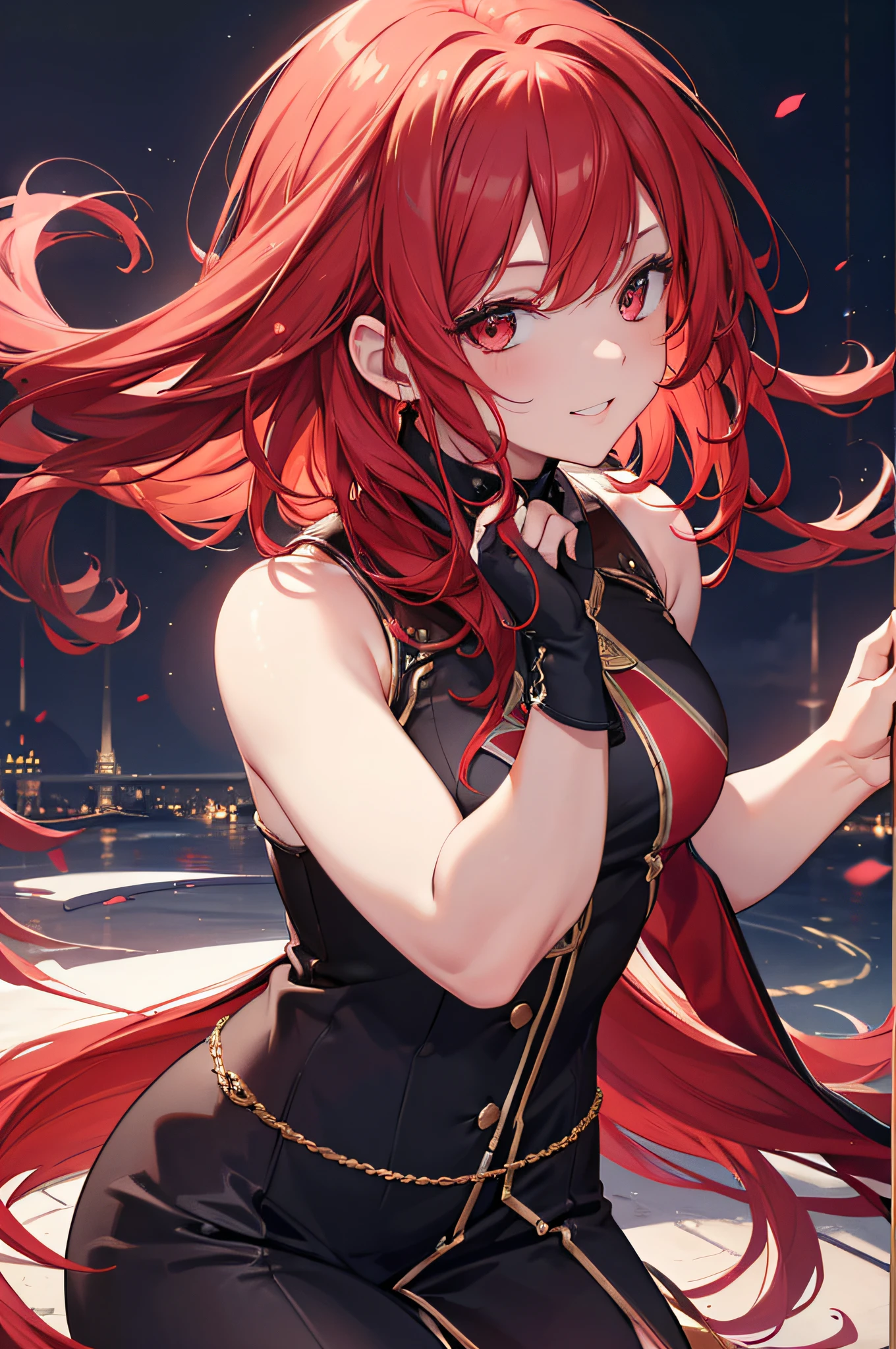 Best Quality, High resolution, Ultra-detailed, Accurate depiction of light reflections, Detailed beautiful face, Detailed smile, Detailed red color hair, Solo, Dynamic Pose, Red Effect[Oingoefu, Portraits