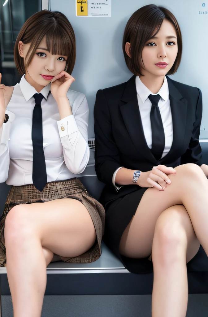 Women's Business Suit、lightly dressed、Brown hair、Shorthair、kawaii faces、On the train、Tight skirt、Spread your legs apart、sexy underwear、Spread your legs boldly、Tight suit、Mature look、plaid skirts、white shirt、neck tie、The shape of the pubic area is clearly visible、No Underwear、Pubic hair is see-through