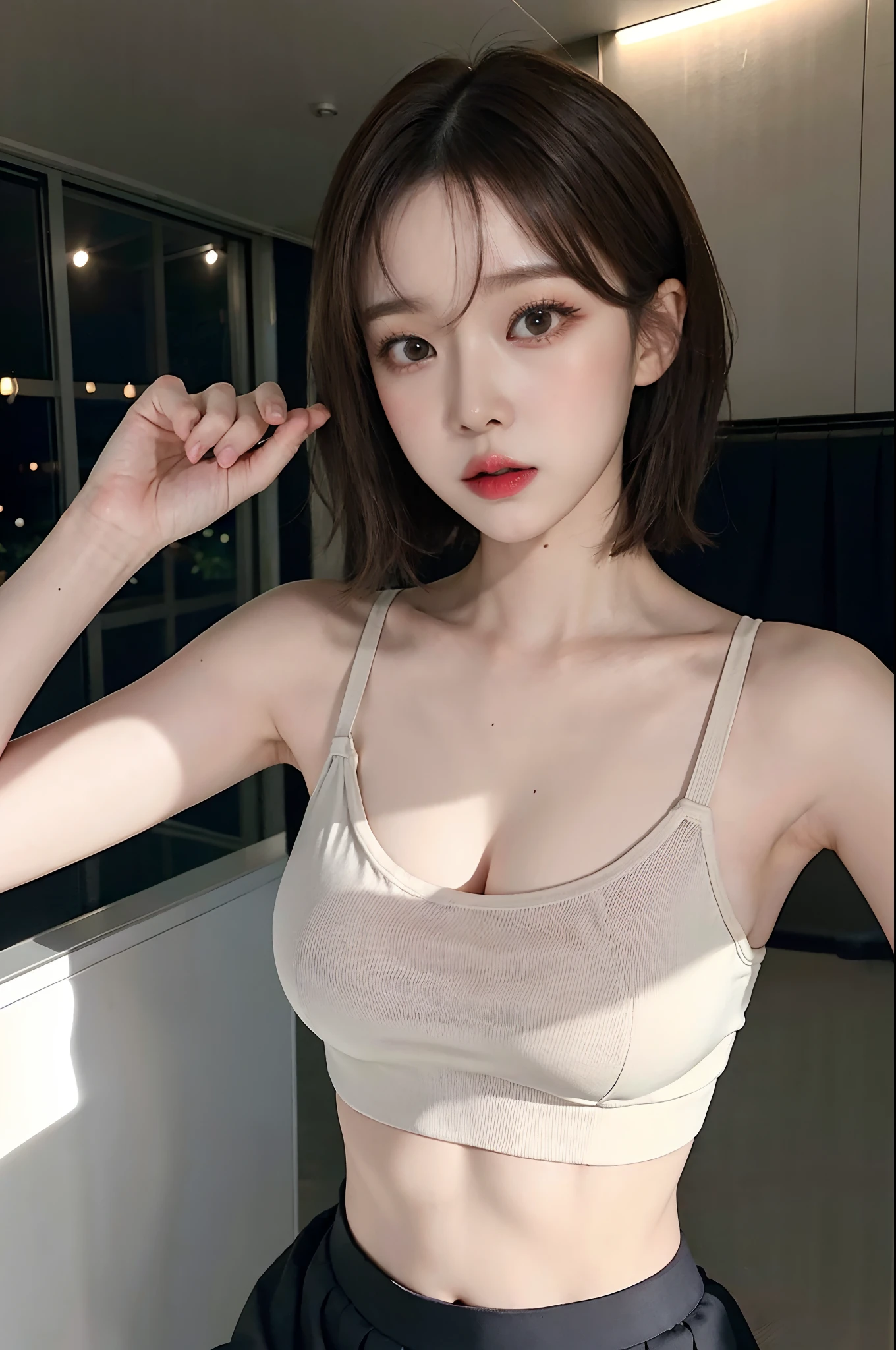 Top image quality、Raw photography、超A high resolution、An 18-year-old woman、Shooting for one person only、Gravure photography、big round chest、cleavage of the breast、tshirts、Tank tops、white shirt、a miniskirt、Wearing a black skirt、swim wears、Beautiful Eyes of Details、very elongated eyes、Beautiful eyelashes、Beautiful double eyelids、very slender legs、Shorthair with light brown hair、very slender physique、angry、Smiling、nighttime scene、Stylish Bar