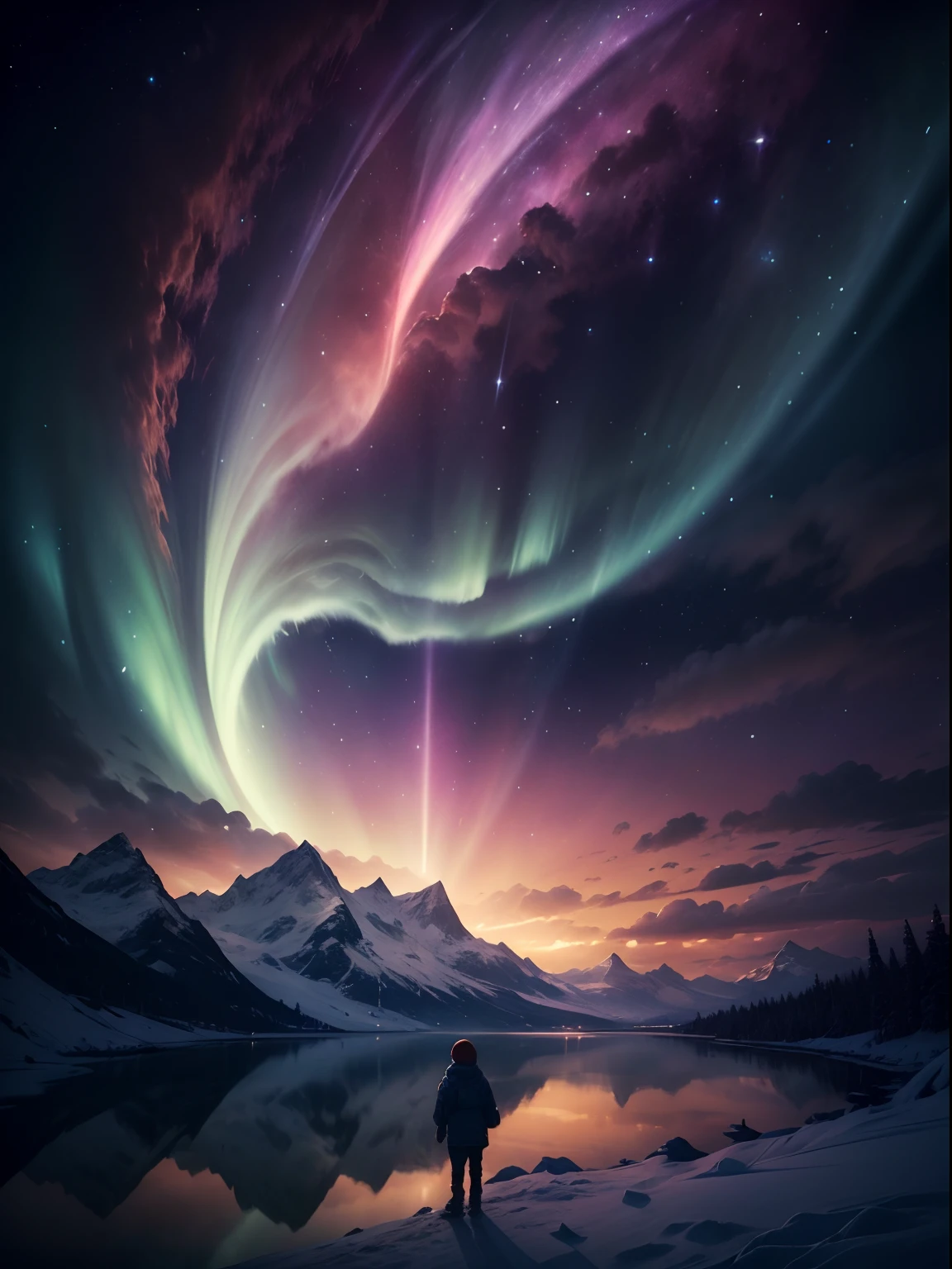 ((Best quality, A high resolution, Masterpiece:1.2))Ice and snow auroras,Ray traching,lake,​​clouds,stele,themoon,(Cute little boy),anime big breast,Clear  eyes,greys,medium length haircut,flawless perfection,A perfect masterpiece,Best Painting,Best quality,超高分辨率,high resolution,Detailed,RAW photo,Sharp,Rich colors, Ultra-realistic realistic textures, Dramatic lighting, It was a huge hit on Unreal Engine's ArtStation Cinestill 800,