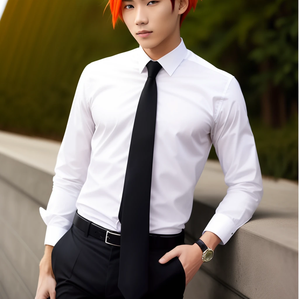 Orange hair,tie,white shirt,black pants,orange scarft