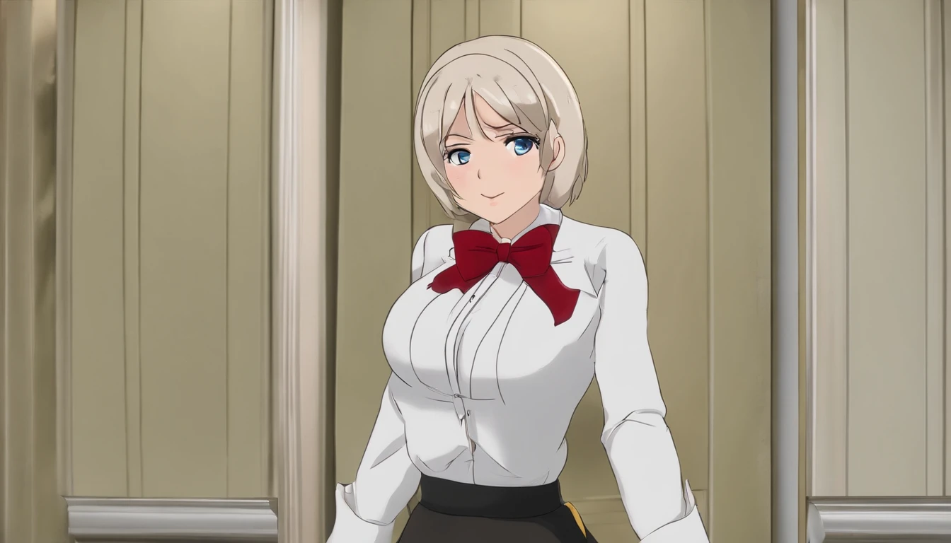Arya, 1girl, solo, long hair, blue eyes, ahoge, bow, looking at viewer, red bow, jacket, bowtie, long sleeves, breasts, shirt, open jacket, red bowtie, door, cowboy shot, collared shirt, indoors, school uniform, white hair, standing, open clothes, skirt, bangs, dress, grey jacket, black dress, blush, pleated skirt, parted lips, medium breasts, pleated dress, white shirt, hair between eyes, white jacket, hand up, blazer, black skirt, thighs, open door, hallway