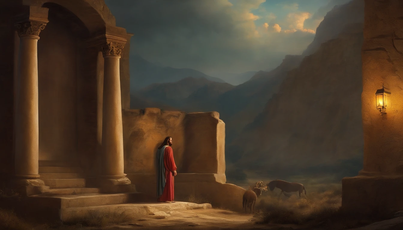 Jesus turned his back to the city-state in the style of ancient paintings