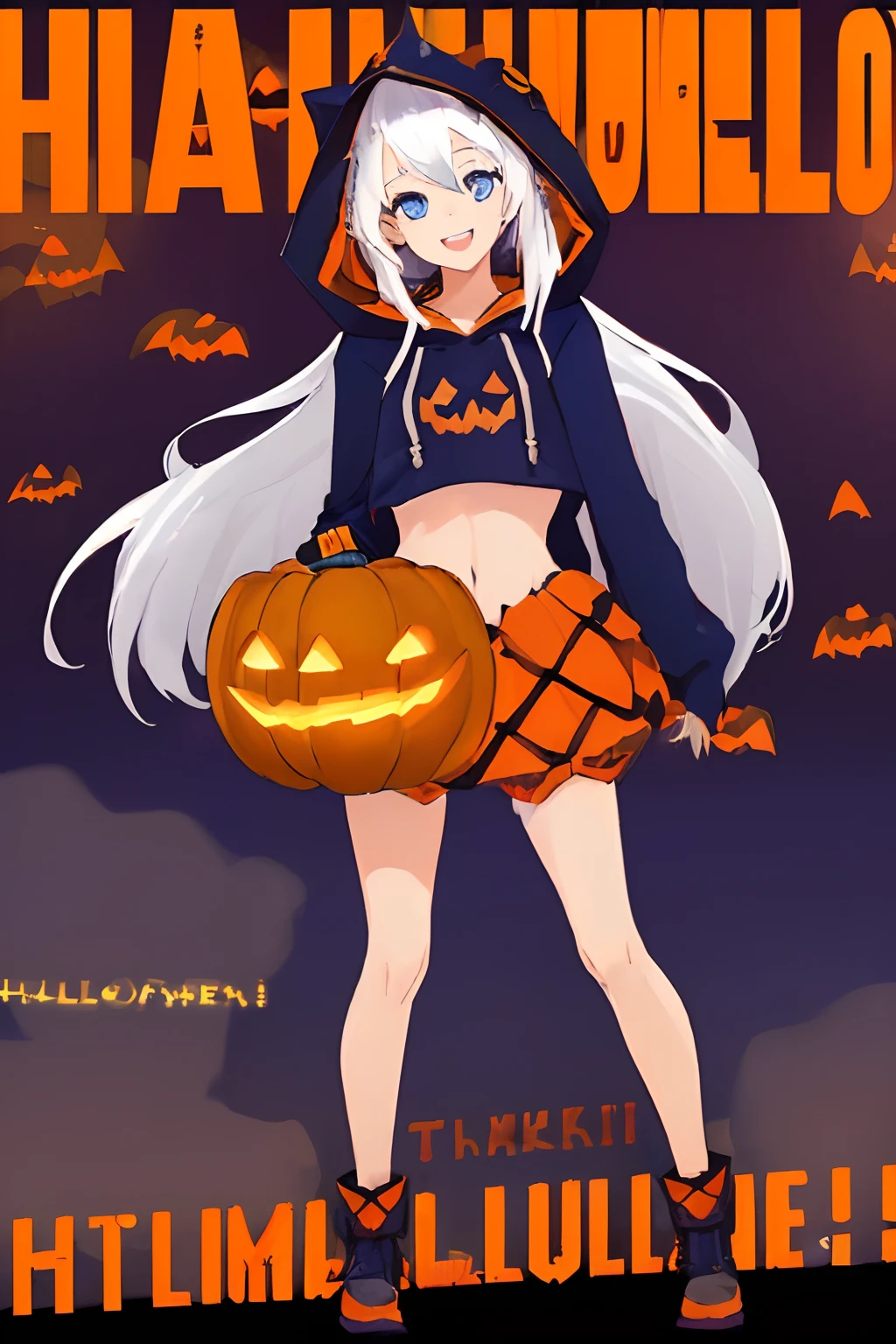 ((((1 girl)))), ((((solo)))), fullbody, ((((white hair)))), long hair, ((((blue eyes)))), happy, smile, 18 year old, dynamic angle, (((wearing a pumpkin halloween costume))), loose parka, ((((hood up)))), midriff peek, standing in Halloween cosplay parade a night , in tokyo