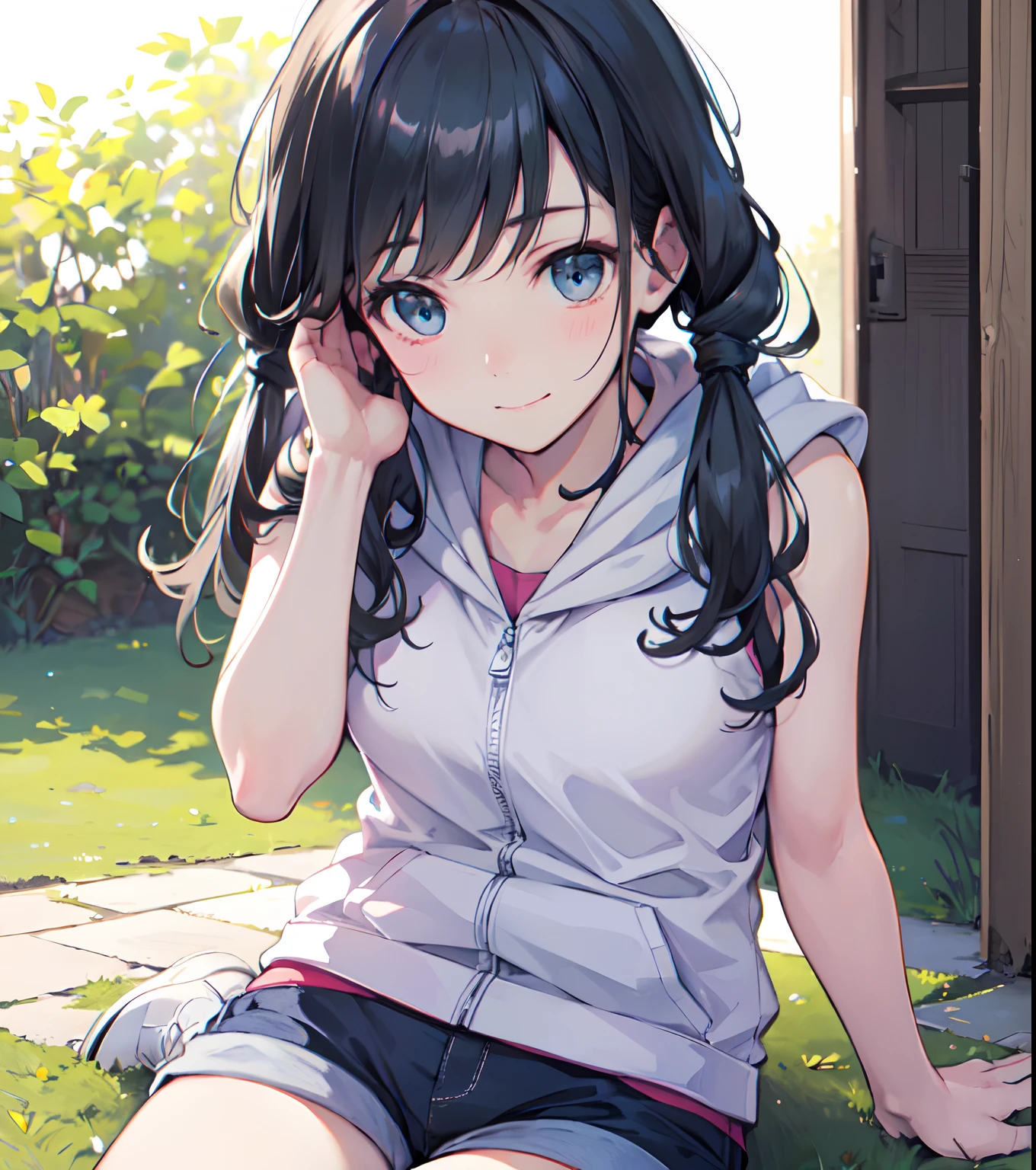 (best quality,4k,8k,highres,masterpiece:1.2),ultra-detailed,(realistic,photorealistic,photo-realistic:1.37),best shadow, best illustration, best light, hina amano, black hair, blue eyes, long hair, low twintails, twintails, smile, happy, blush, surprised, hood, hood down, hooded vest, hoodie, short shorts, shorts, sleeveless, vest, white footwear, white vest, upper body, indoors, close up, outdoors, sitting on the ground, grass, beautiful pose