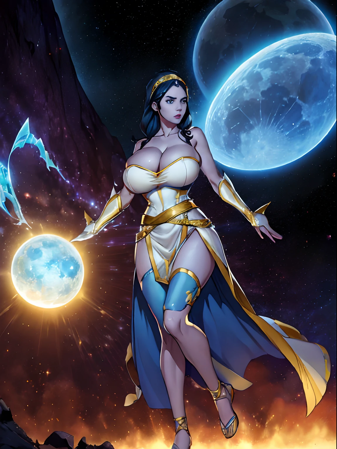 (masterpiece, top quality, best quality, official art, beautiful and aesthetic:1.2), (1girl:1.3), dark blue hair in braid, extremely detailed, portrait, looking at viewer, solo, (full body:0.6), detailed background, close up, (cool science fiction space theme:1.1), ((((blue skin)))), extremely busty sorceress, charlatan, mysterious, casting spells in space, four arms, revealing white and gold robes, crossed straps, criss cross straps, high neck, sleeveless, hood, veil, fingerless gloves, long gloves, glowing magical energy, blindfold, elaborate headdress, golden ceremonial winged headband, sheer white fabric, elegant robes, skirts, streamers, cowl, cape, sandals, bracers, ((((extra arms, four arms, gigantic breasts, skindentation)))), slim waist, slim hips, long legs, athletic, SPACE, futuristic moon, (space exterior:1.1) background, dark mysterious lighting, shadows, magical atmosphere, dutch angle